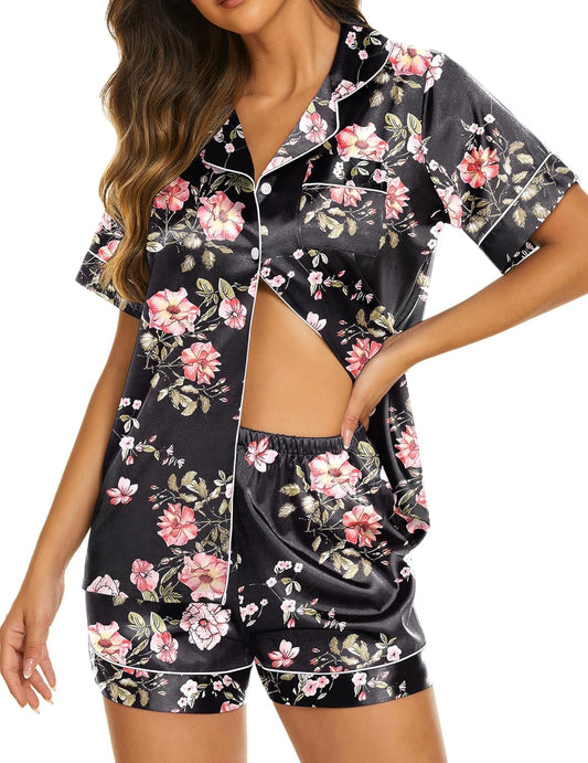 Ekouaer Silk Pajamas for Women Short Sleeve Sleepwear Soft Button Down Loungewear 2 Piece Satin Pjs Shorts Set