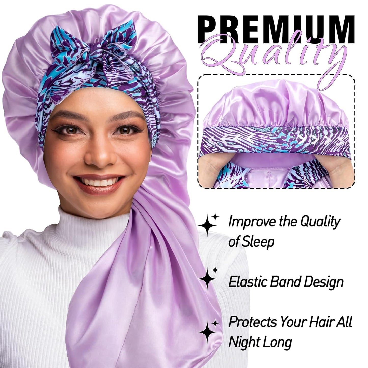2Pcs Bonnets for Black Women Braid Bonnet, Large Long Satin Silk Bonnet for Braids,Black Women Braid Bonnet with Stretchy Tie Band for Sleeping Extra Long (Green & Light Purple Pattern)