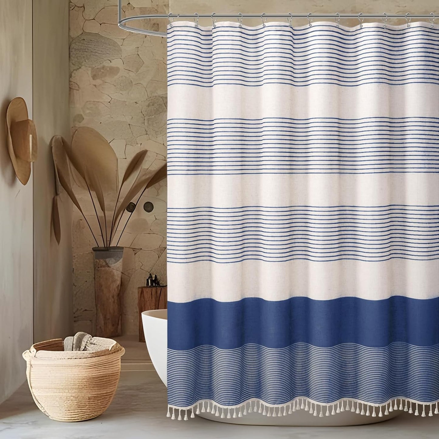Awellife Blue Shower Curtain for Bathroom Linen Texture Stripe Tassel Shower Curtain 72 X 78 Inches Boho Neutral