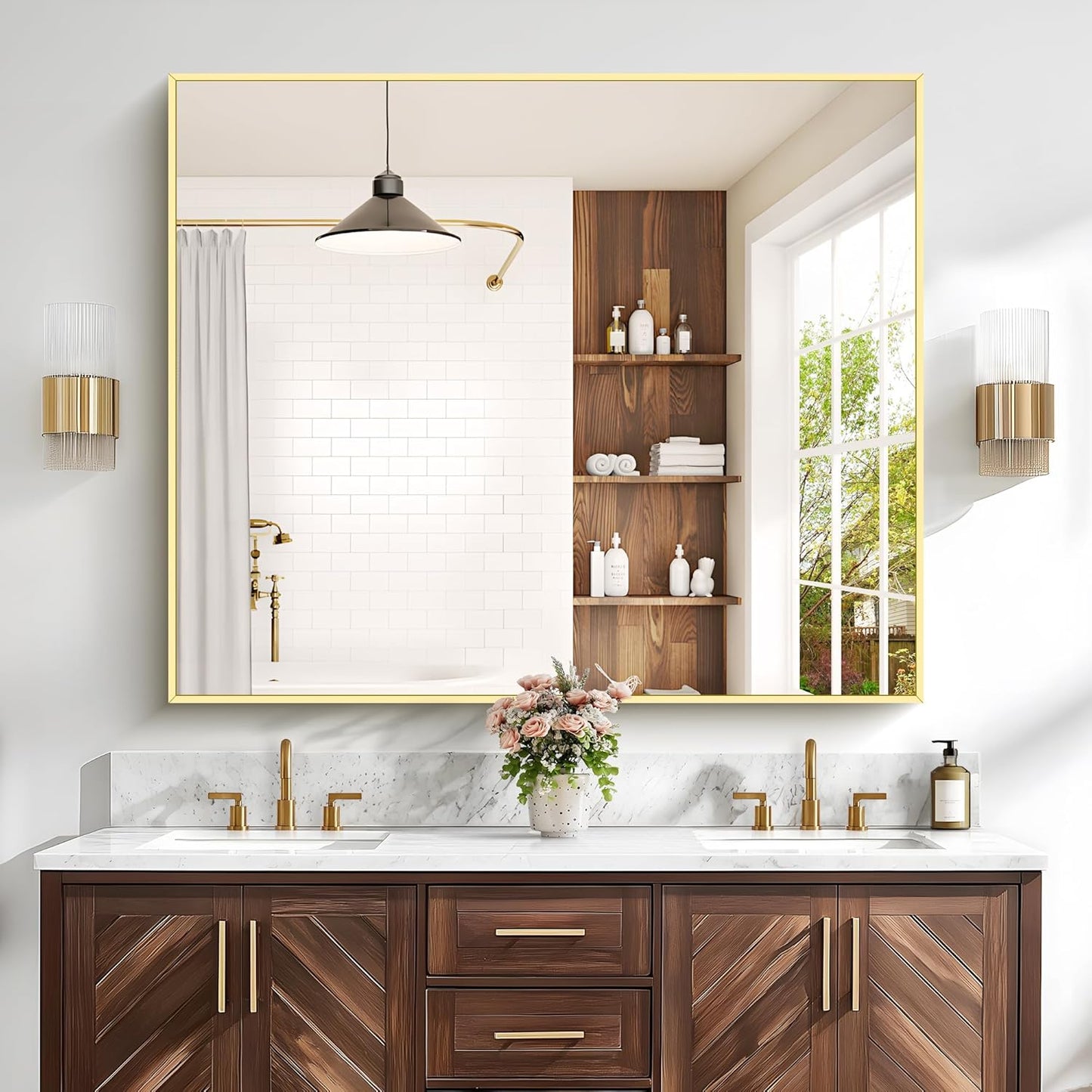 40x48inch Gold Bathroom Mirror, Silver Rectangle Mirror with Frame, Large Rectangular Wall Mirrors for Bathroom, Living Room, Hair Salon, Big Farmhouse Mirror Hang Horizontal/Vertical