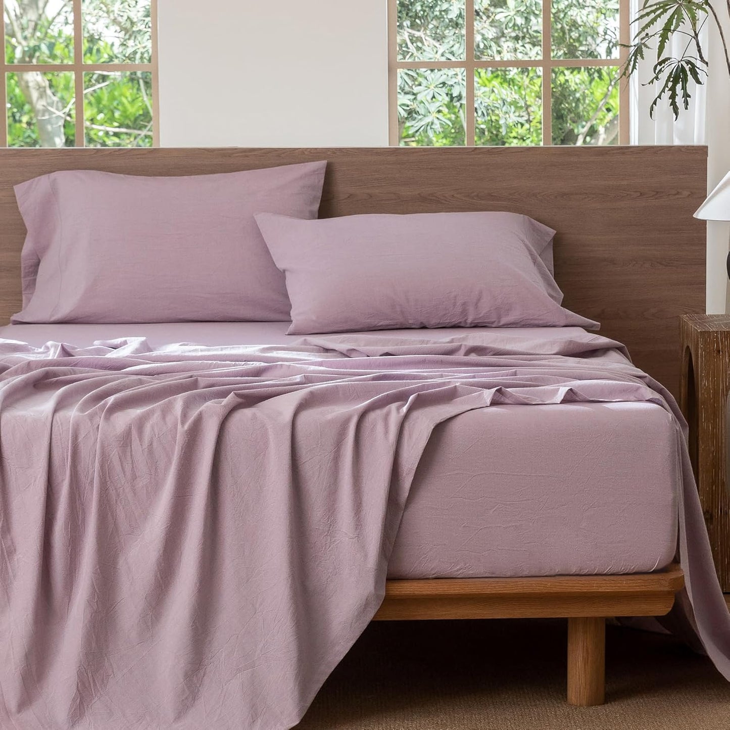 MooMee Bedding Sheet Set 100% Washed Cotton Linen Like Textured Breathable Durable Soft Comfy (Heathered Light Purple, Queen)