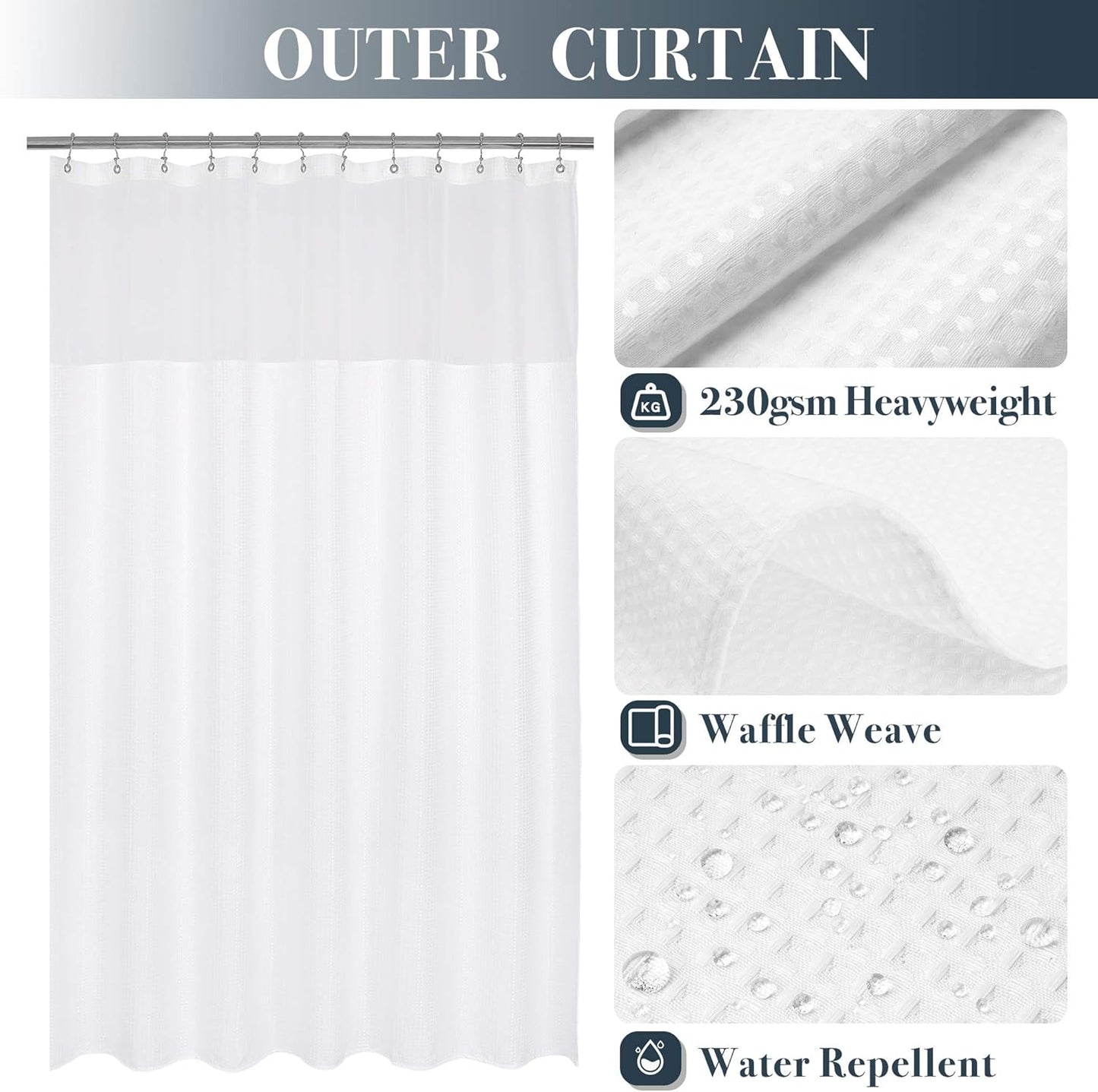 N&Y HOME Waffle Weave Shower Curtain with Snap-in Fabric Liner Set, 12 White Hooks Included - Hotel Style, Waterproof & Washable, Heavyweight Fabric & Mesh Top Window - 71x72, White