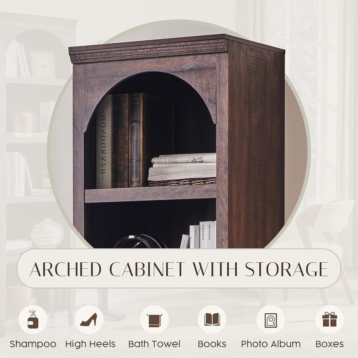 76" Tall Arched Bathroom Storage Cabinet, 5 Tiers Narrow Farmhouse Arched Cabinet w/Adjustable Shelves, Modern Wooden Storage Cabinet for Bathroom, Living Room, Entryway, Study Room (Brown)