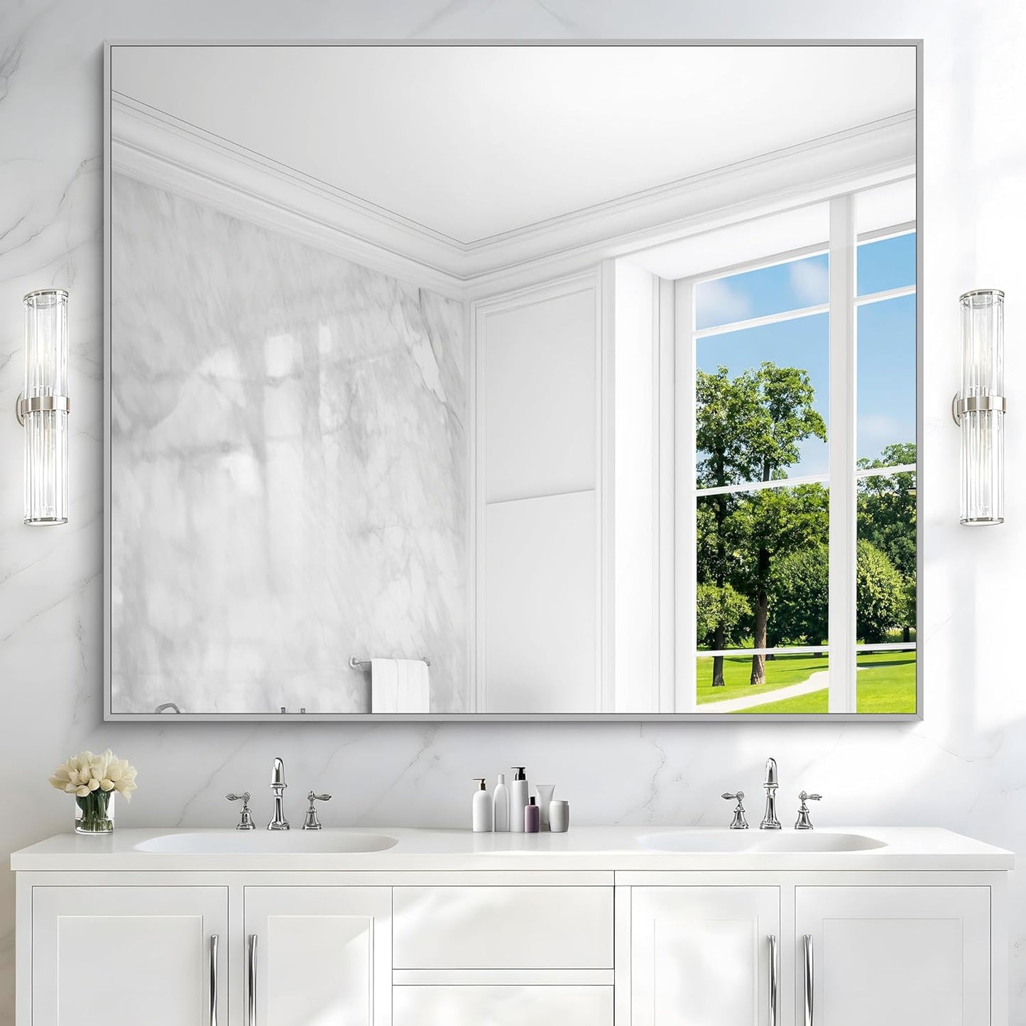 40x48inch Silver Bathroom Mirror, Silver Rectangle Mirror with Frame, Large Rectangular Wall Mirrors for Bathroom, Living Room, Hair Salon, Big Farmhouse Mirror Hang Horizontal/Vertical