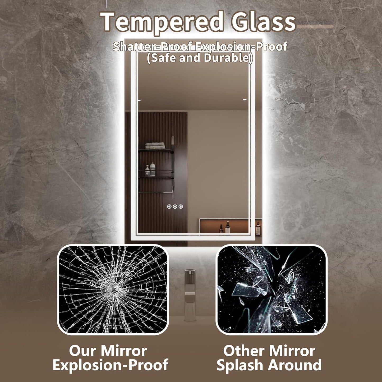 Bathroom Mirror with Lights 24"X36" with Front Light and Backlit, Tempered Glass, Wall Mount Horizontal/Vertical, Stepless Dimmable, 3 Colors, Anti Fog, Bathroom Memory LED Mirror