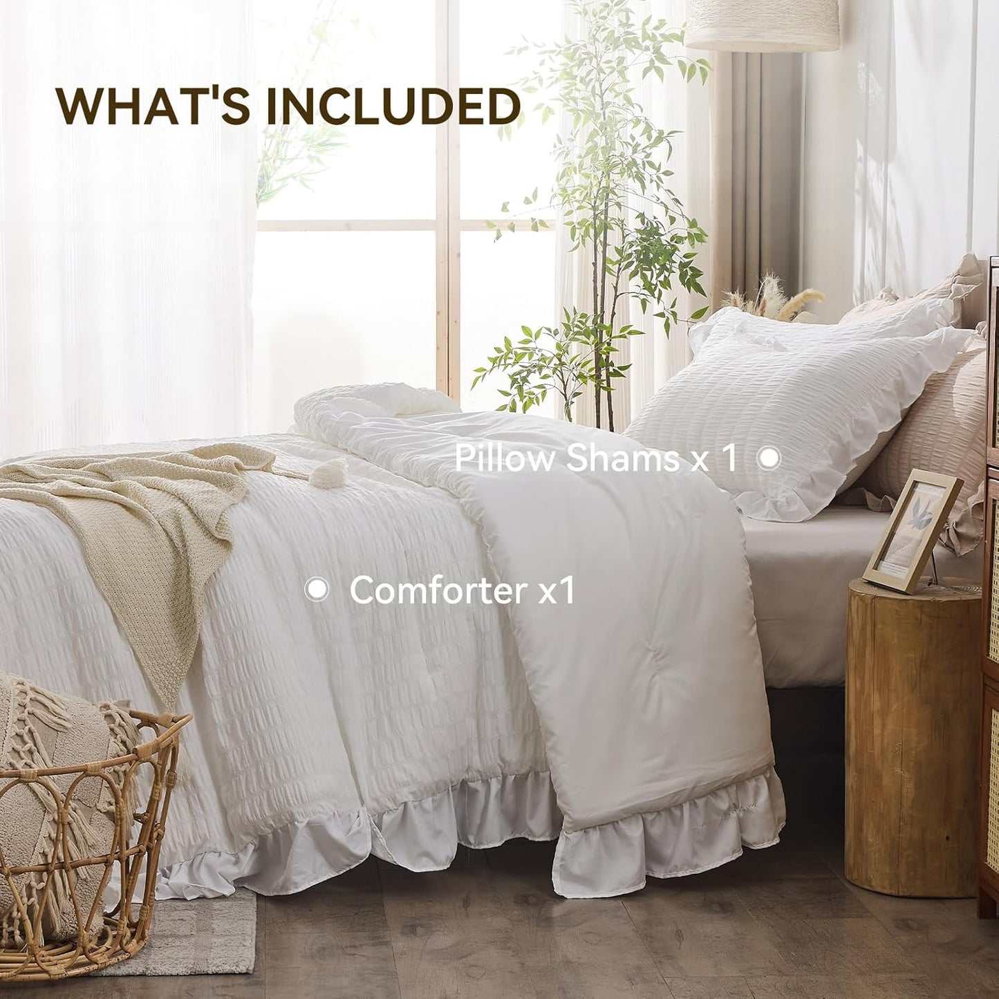 JOLLYVOGUE White Twin Size Comforter Set, 2 Pieces Seersucker Lightweight Fluffy Bedding Set, Twin Ruffle Comforter, All Season Soft Microfiber Shabby Chic Bed Set