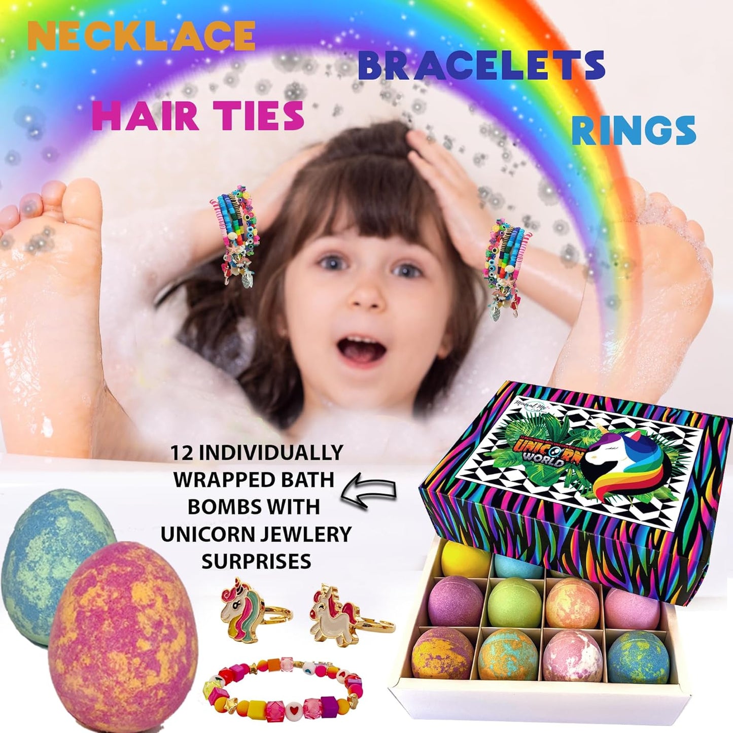Unicorn Bath Bombs for Girls with Jewelry Inside - Organic Bath Bombs for Kids with Surprise, Natural, Skin Moisturizing BathBombs, Rainbow Bubble Bath. Stocking Stuffers Christmas Gifts for Girls