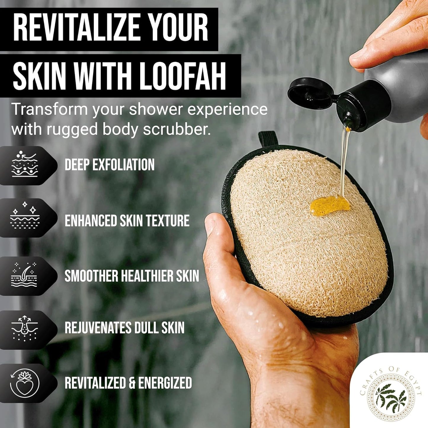 CraftsOfEgypt Natural Loofah Body Scrubber for Men, 2PCS Black & White Set – Egyptian Luffa Sponge Exfoliator for Shower, Bath & Body Care, Durable Men's Hygiene Pad, Gentle Skin Exfoliating Tool