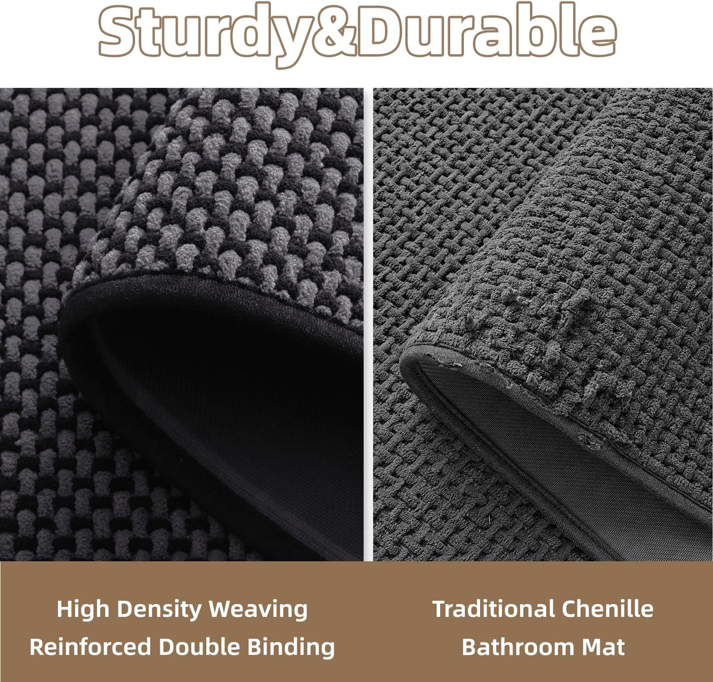 PADOOR-Bath Mat-Super Absorbent Chenille Bathroom Mats-Rubber Backed Bath Mats for Bathroom Non Slip, Easy Clean Bathroom Rugs Front of Bathtub,Shower Room,Sink-17×28, Darkgrey&Black