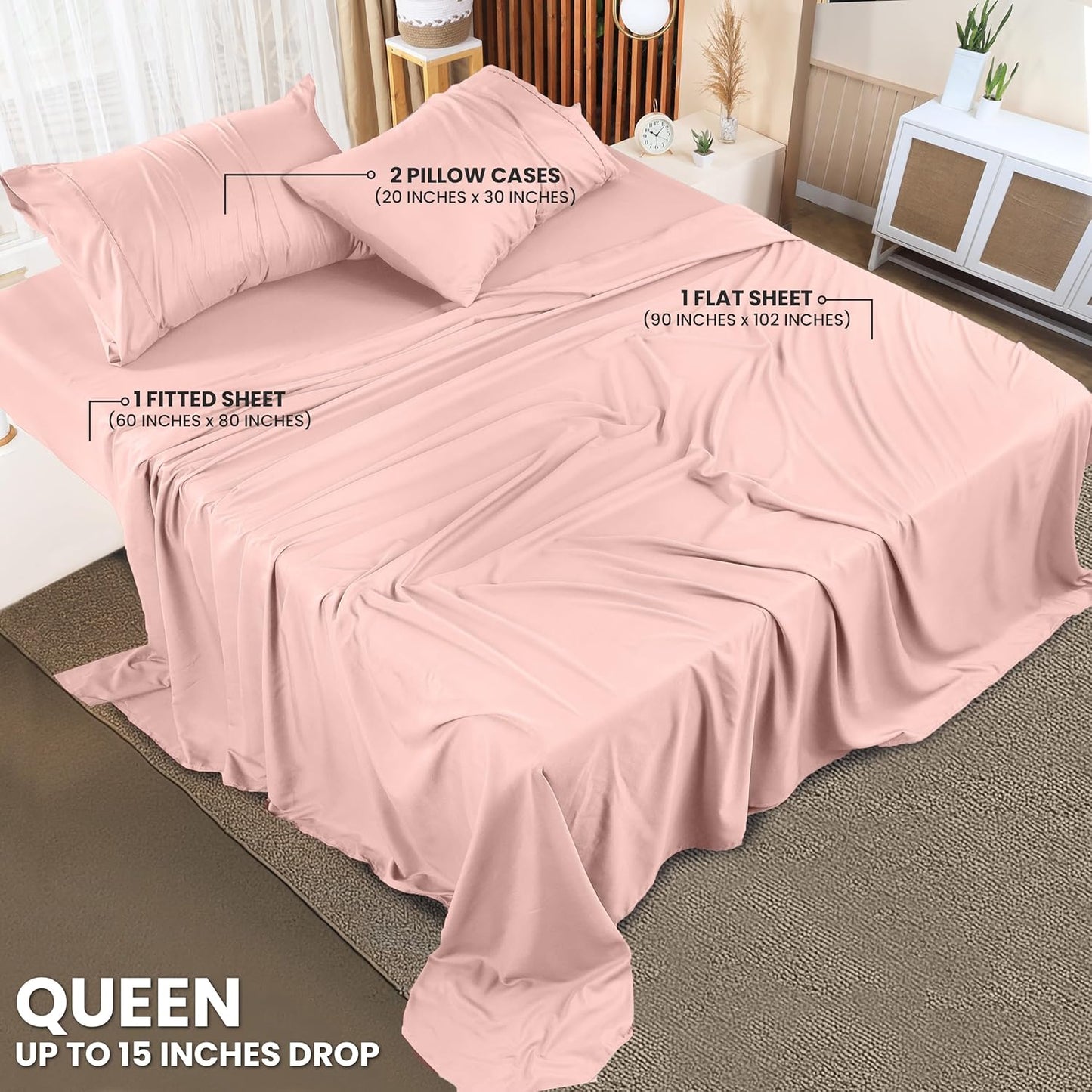 Utopia Bedding Queen Sheet Set – 4 Piece Bed Sheets for Queen Size Bed, Soft and Breathable Microfiber, Includes 1 Fitted Sheet, 1 Flat Sheet and 2 Pillowcases (Tea Pink)