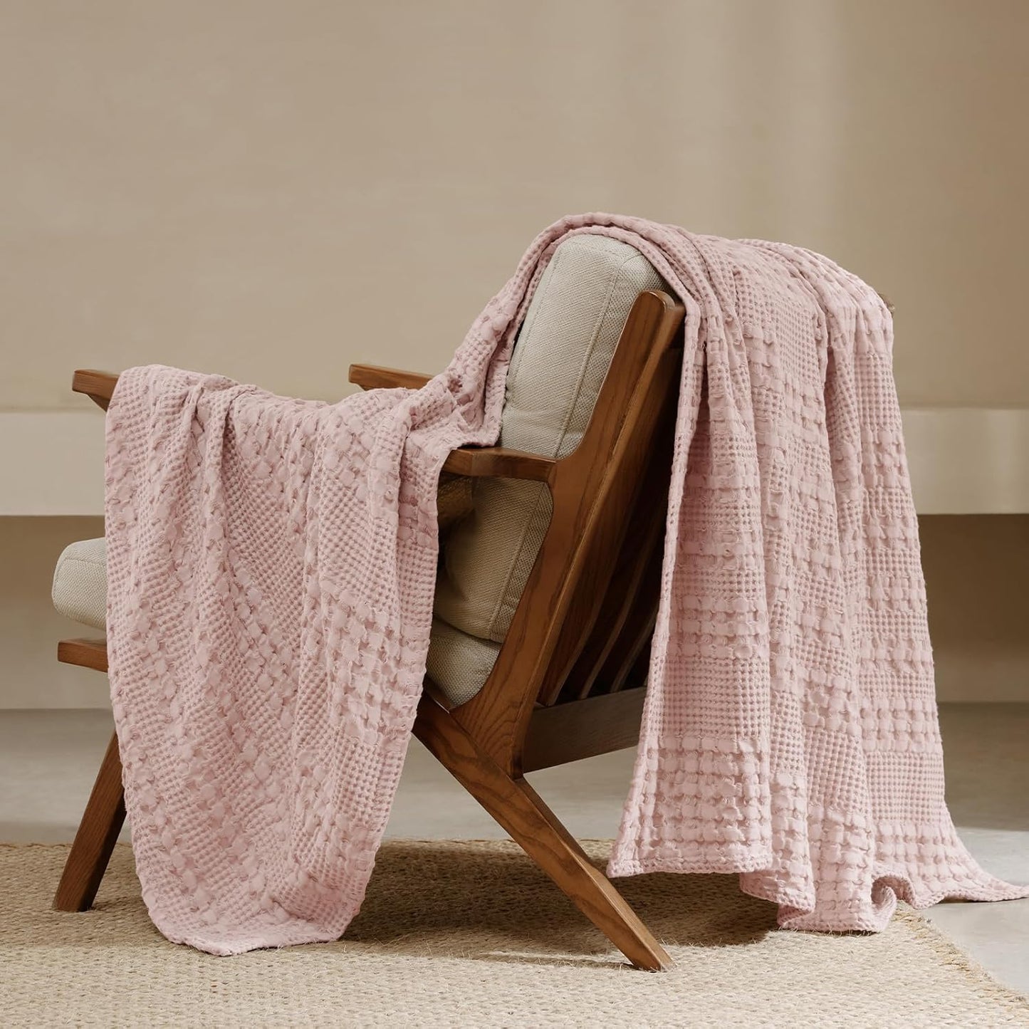 PHF 100% Cotton Waffle Weave Throw Blanket, Soft Lightweight Breathable Cozy Throws for Couch Bed Sofa, Luxury Aesthetic Woven Blanket for Home Decor & Office, 50"x60", Pink/Mauve