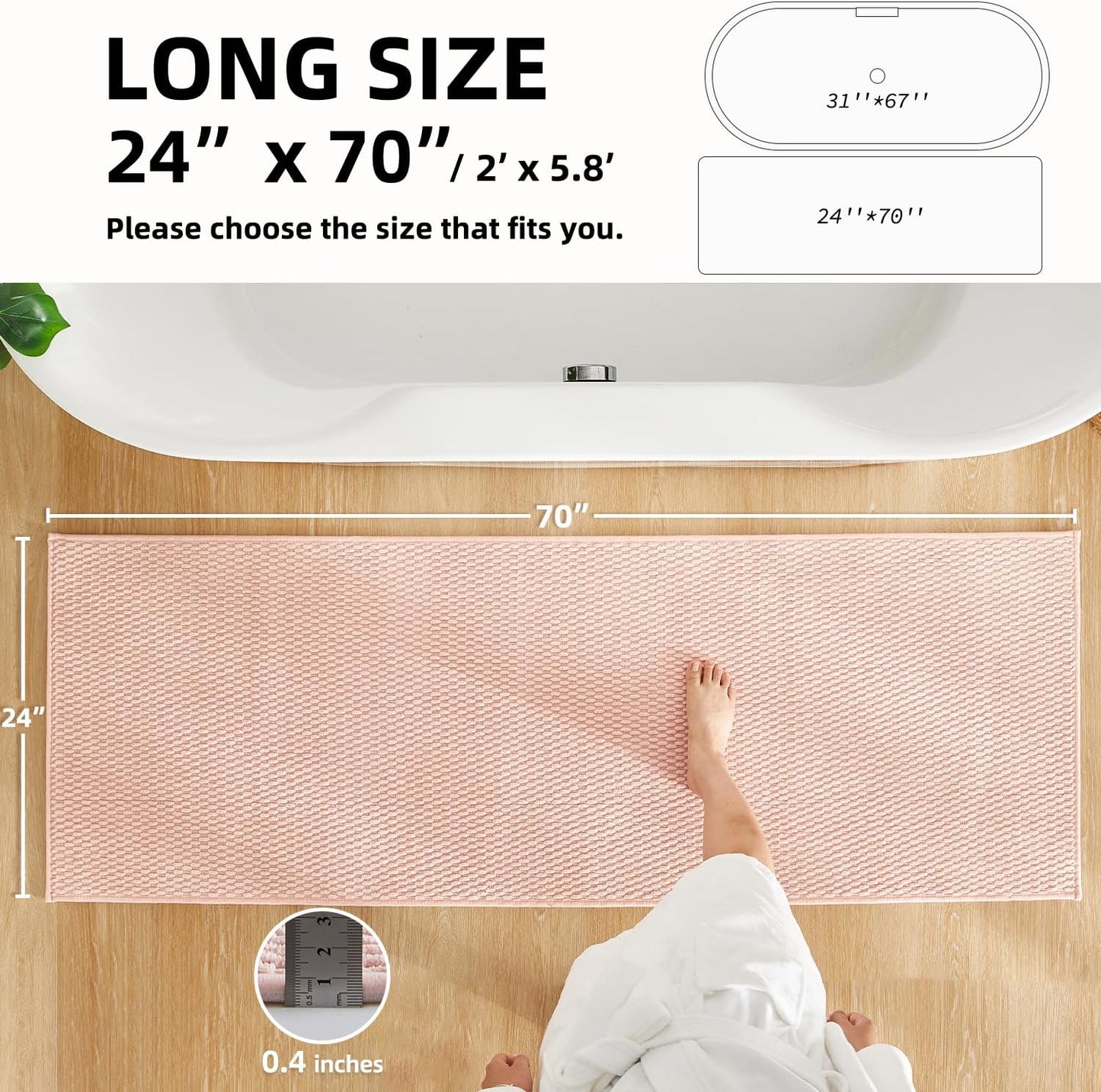 Bathroom Runner Rugs, Long Bath Mat Runner Washable Thin Quick Dry Low Pile Bathroom Runner Rugs Non Slip, Pink 24"x70"