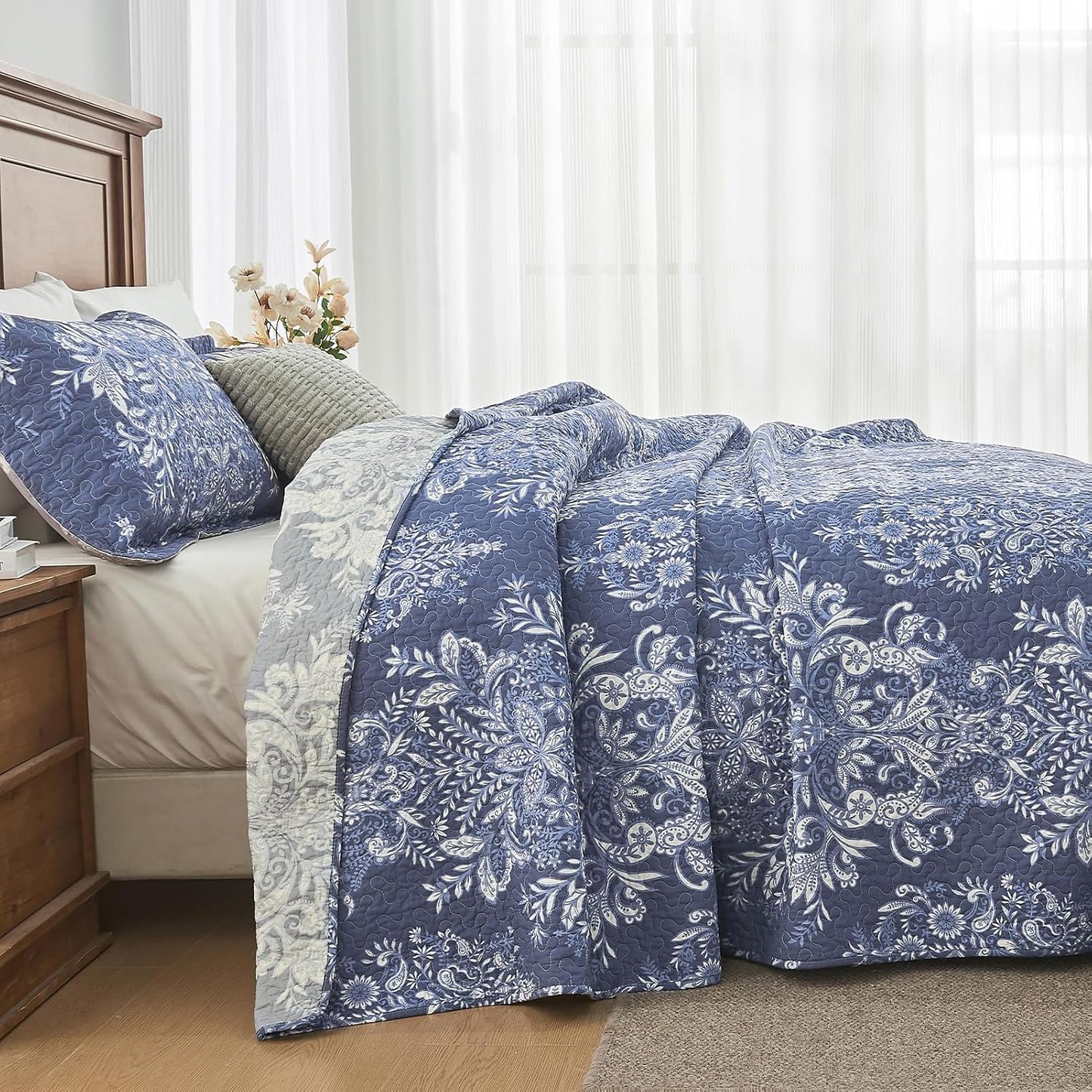 100% Cotton Quilt Set King Size - Damask Pattern Quilted Comforter, Vintage Reversible King Quilt Bedspread, Lightweight Bedding for King Bed, 3pcs, Blue