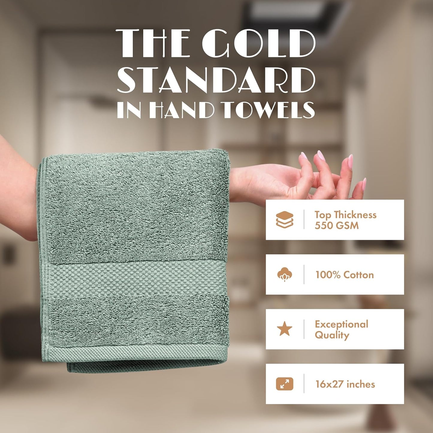 White Classic Green Hand Towels for Bathroom [12 Pack] Cotton Hand Towel Bulk for Gym, Kitchen and Spa, 16x27 Inches Soft Highly Absorbent Quick Dry Terry Salon Towels