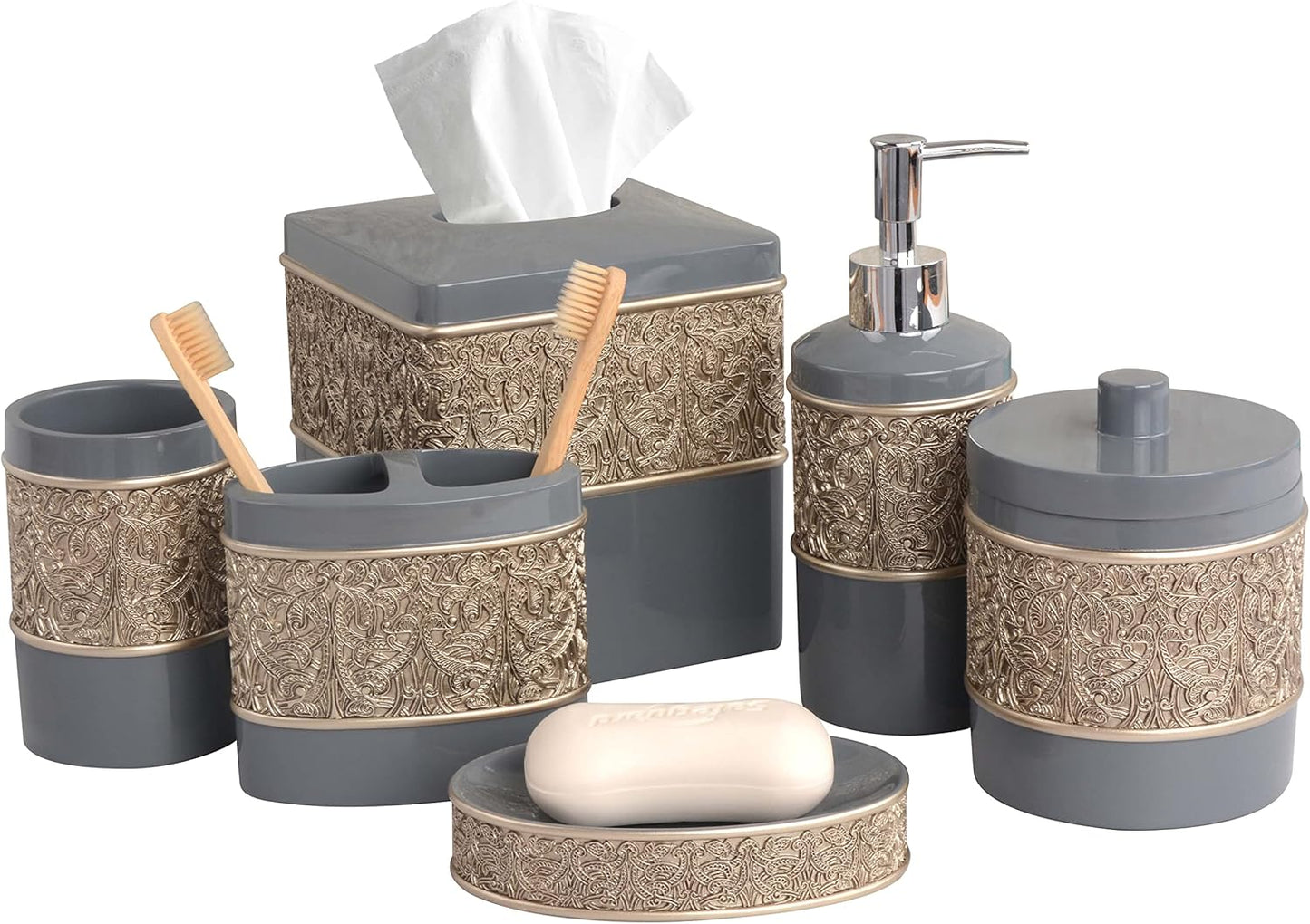 Decozen Bathroom Accessories Set 6Pcs – Soap Dispenser, Toothbrush Holder, Tumbler, Soap Dish & Cotton Swab Jar – Modern Bathroom Decor, Bath Set for Christmas Decor