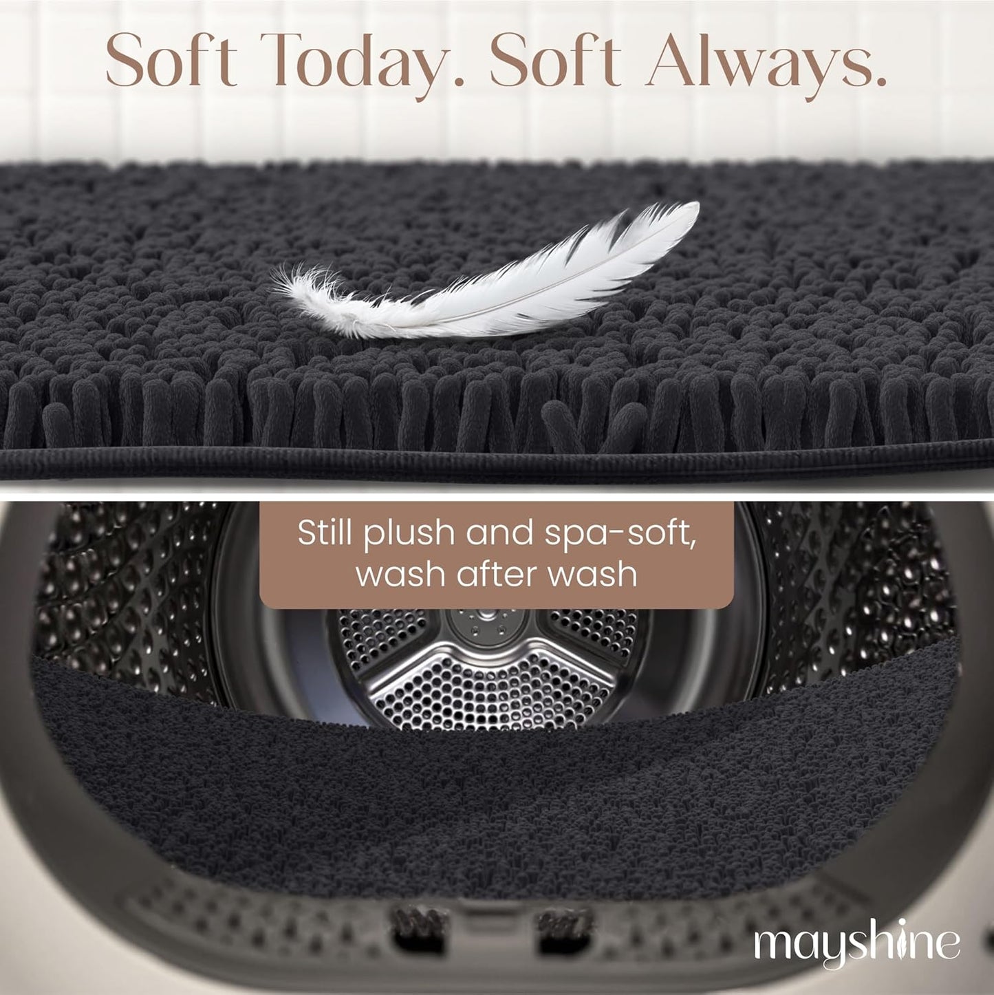 MAYSHINE Plush Shaggy Chenille Bath Mat | Extra Soft, Super Absorbent, Non-Slip Bathroom Rug | Fluffy Microfiber, Area Rug Sets for Bathroom Floor, Kitchen, Living Room | 59"x31" | Black
