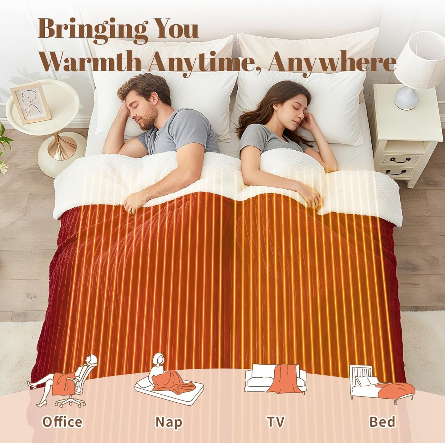 Electric Heated Blanket Queen Size Dual Control - 84"x90" Fast Heating Bed Blankets with 6 Heating Levels & 10 Hours Auto Off, Soft Ribbed Flannel, Over-Heat Protection ETL, Red