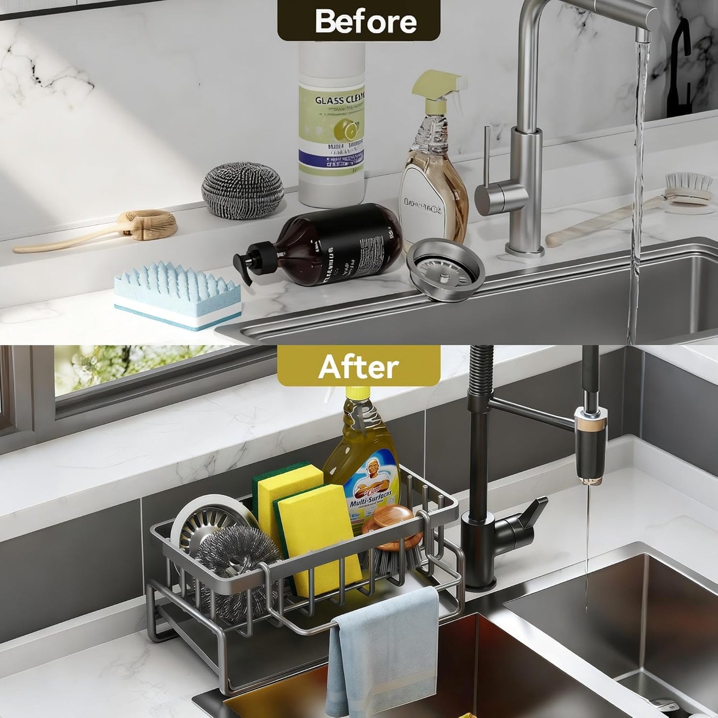 Sponge Holder for Kitchen, Sink Caddy Organizer Rack for Kitchen Accessories, Soap Dispenser Countertop Organizer Essentials for Home (Grey)