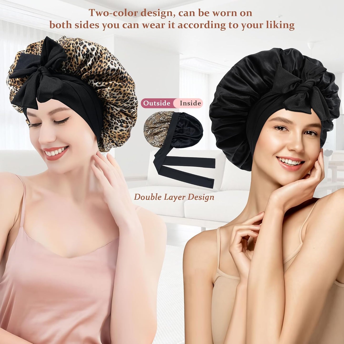 100% Mulberry Silk Bonnet for Sleeping Women Double Layer Silk Hair Bonnet Natural Sleep Cap with Elastic（Black + Leopard）