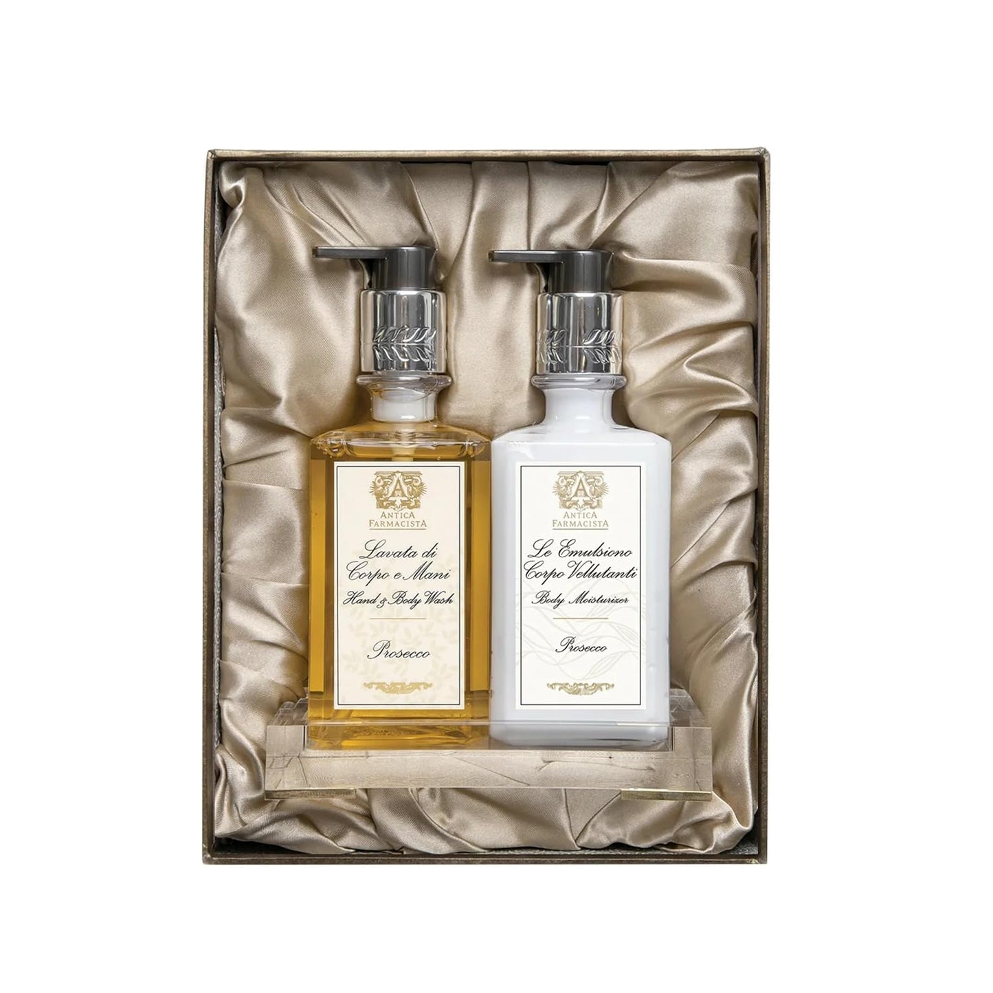 Antica Farmacista Acrylic Bath & Body Gift Set - Hand & Body Wash (10 oz), Body Moisturizer (10 oz) & Acrylic Tray - Self-Care Gift Box for Holidays, Birthdays & Housewarming - Prosecco