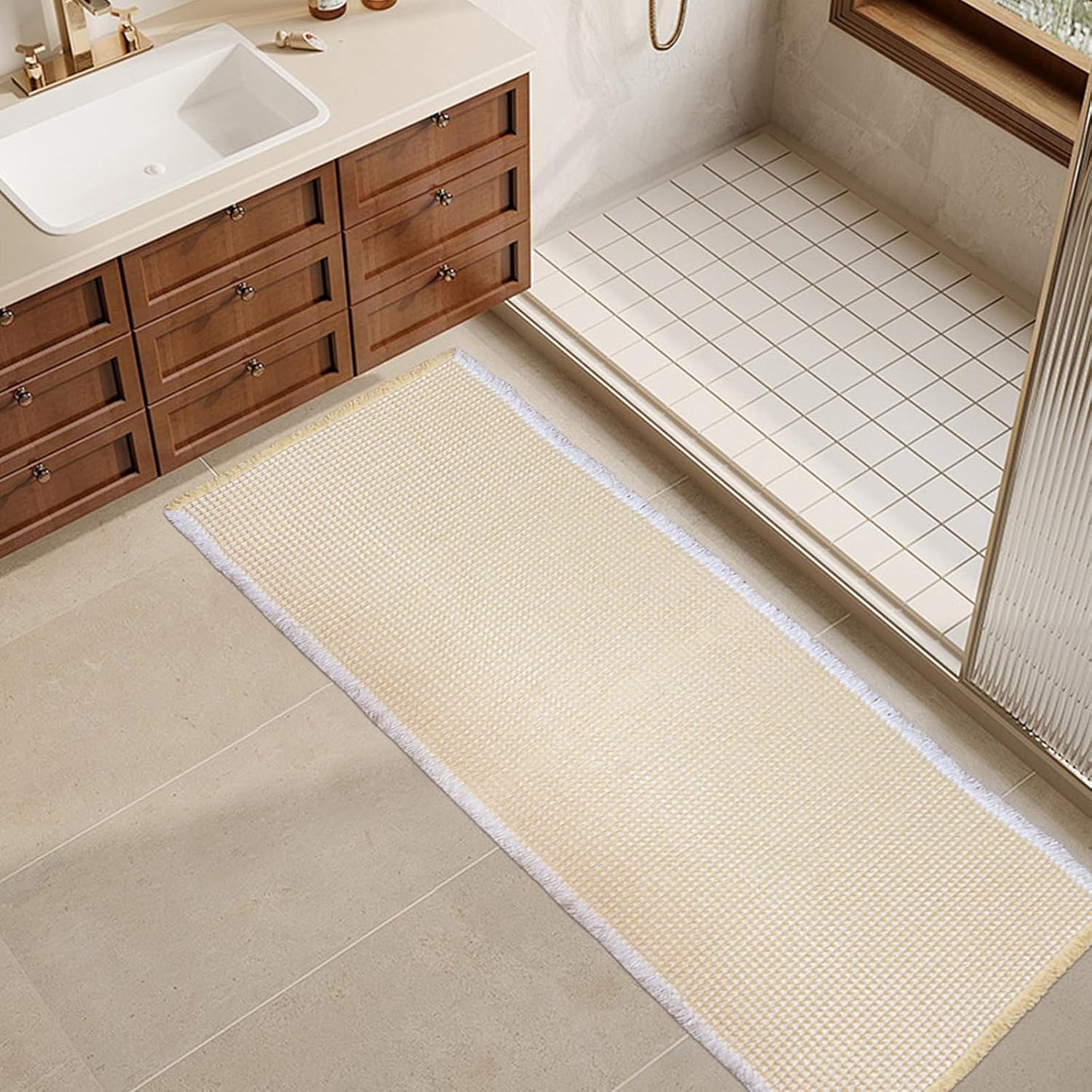 ZALL Beige Waffle Bath Mat,Super Absorbent Non Slip Long Bathroom Runner Rug,Cream 24X72inch,Machine Washable Ultra Soft Floor Mats