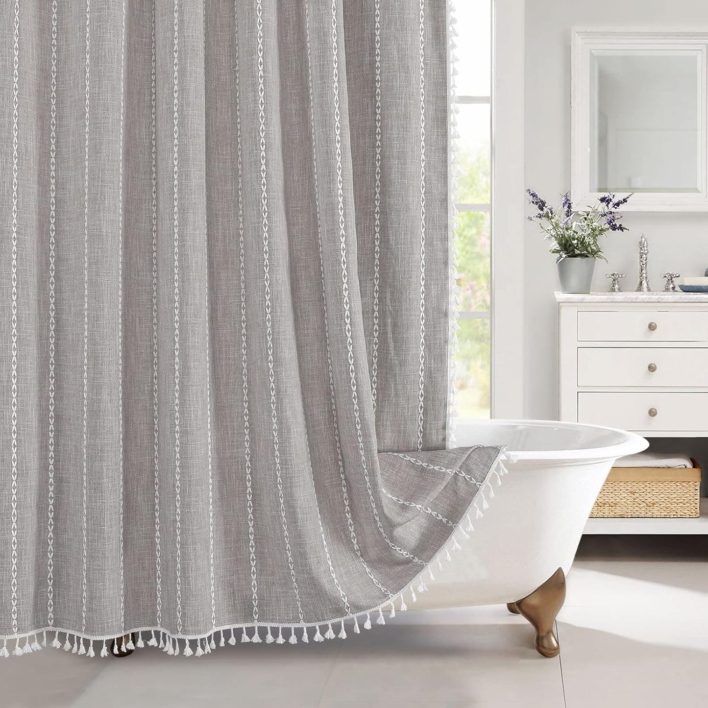 MitoVilla Boho Extra Long Shower Curtain 72 x 96, Grey Modern Farmhouse 96 inch XL Polyester Linen Texture Tassel Fabric Shower Curtain Set with Hooks for Cottagecore Country Bathroom Decor,Grey