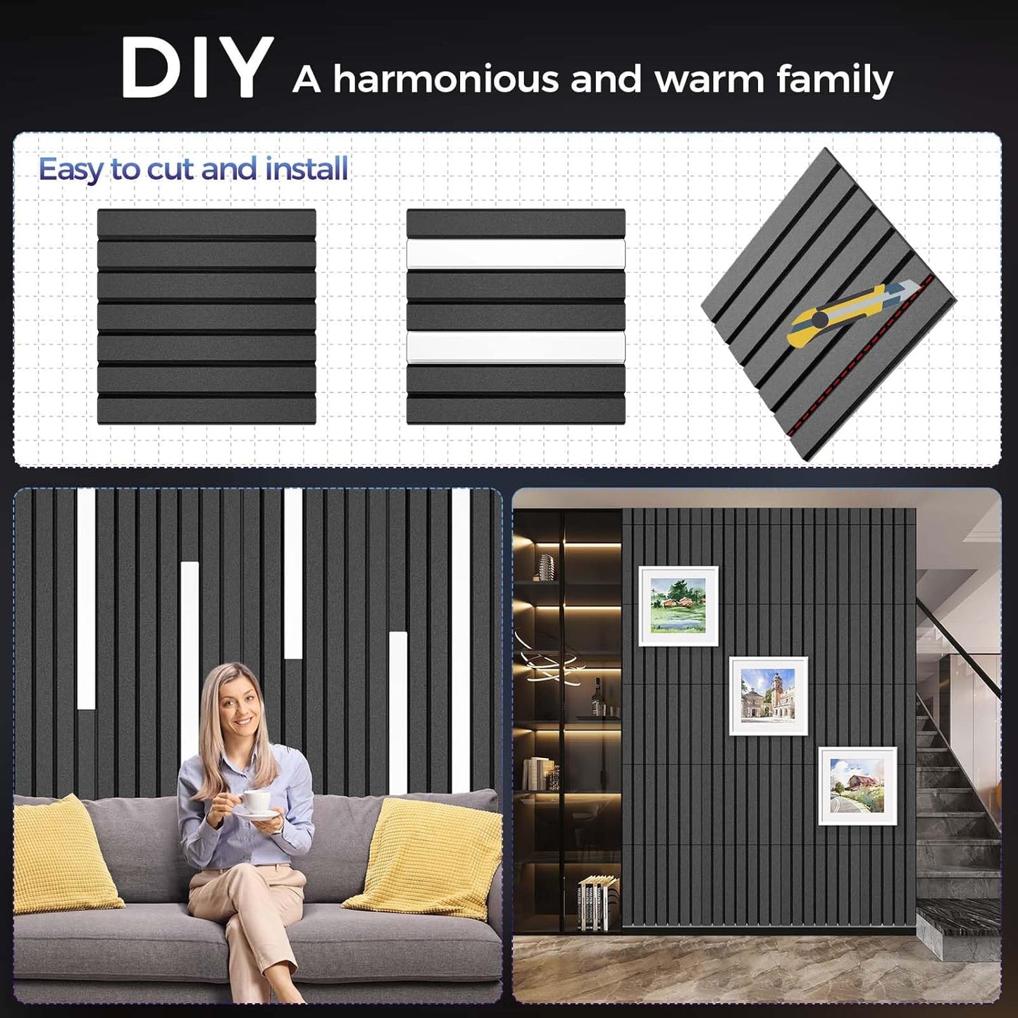 8 Pack Large- Fold, Soundproof Slat Wall Panel,24 x 12 x 0.47 in,Self Adhesive, 3D Fluted Sound Absorbing Panel, Acoustic Wall Panels,Studio, Home, Cinema,Office.(Black).