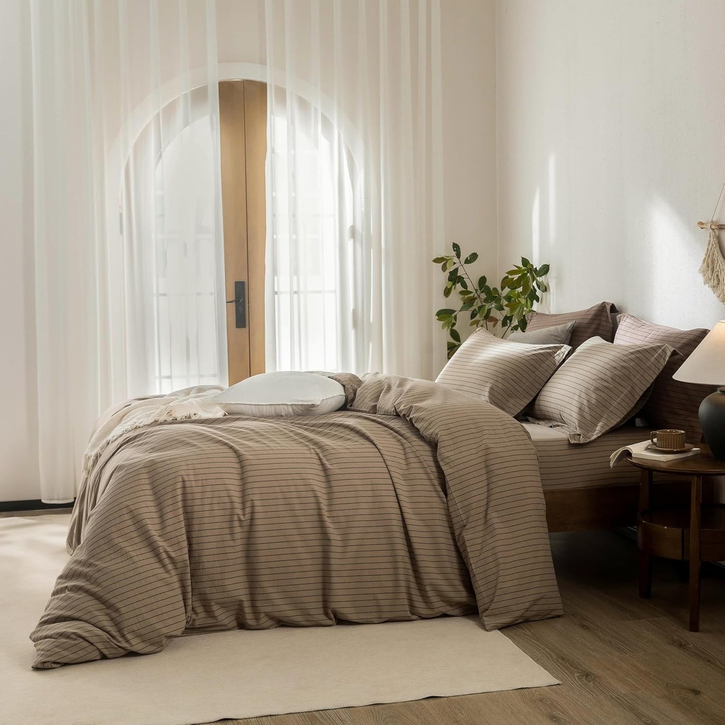Stripe Duvet Cover King Size 104inch x 90inch,100% Washed Cotton Pinstripe Duvet Cover with Zipper Closure and 2 Pillowcases, Color of Light Camel-Black Stripe