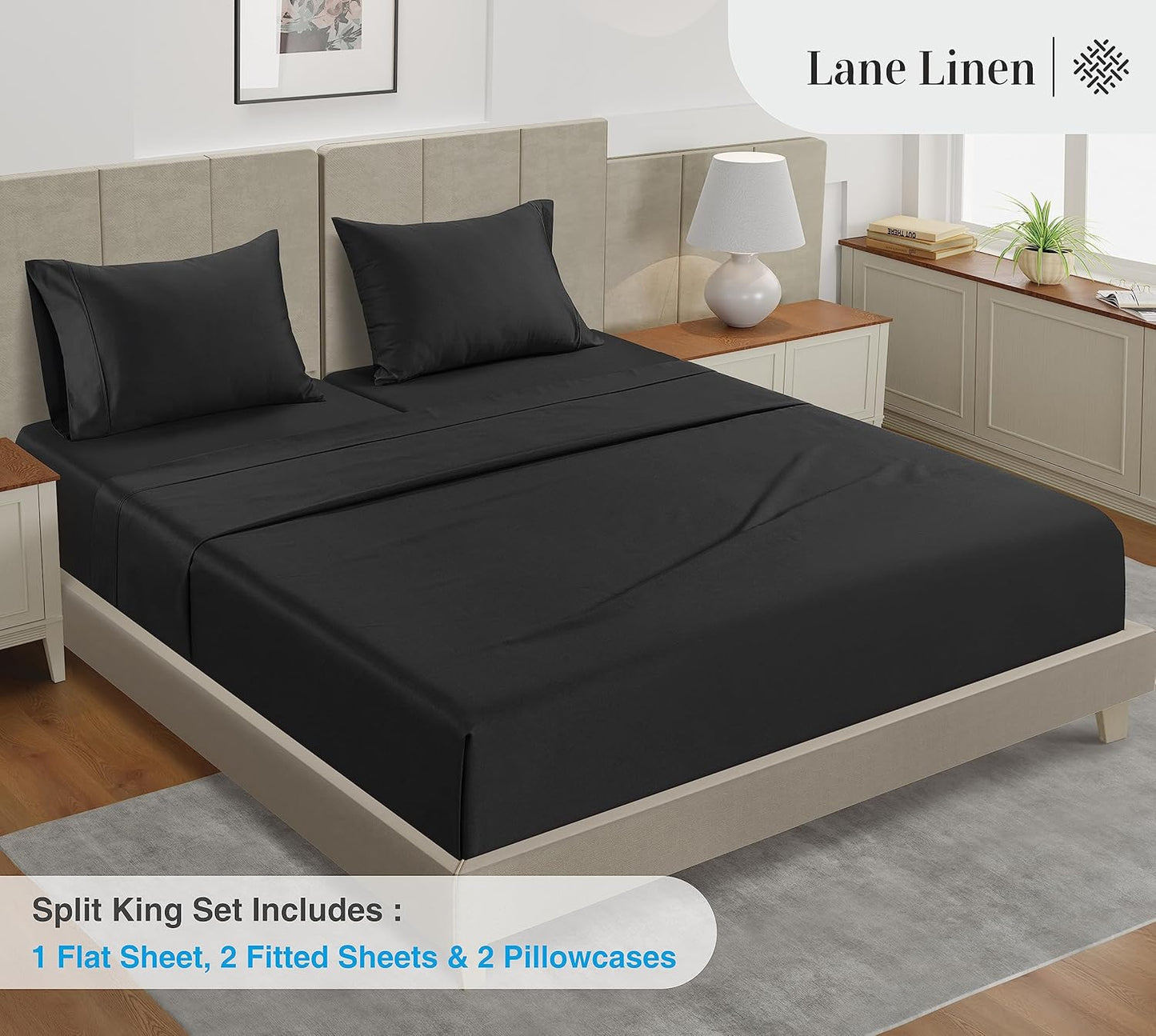 LANE LINEN Sheets for Split King Adjustable Bed – 450 Thread Count 100% Cotton, Soft & Cooling Sateen Weave, 15” Deep Pocket Fully Elasticized Fitted Sheet, Machine Washable, Black