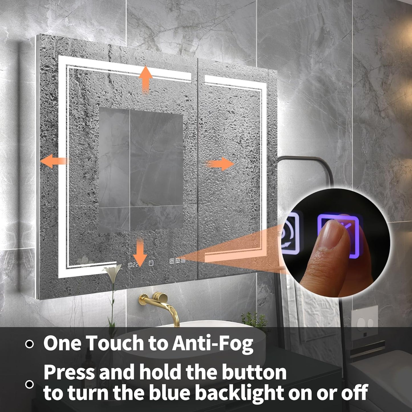 40"x32"Lighted Medicine Cabinet with Mirror，Recessed or Surface Mount LED Medicine Cabinet, Front&Backlit, Clock Temp Display, Anti-Fog, Stepless Dimming, 3-Color Temperatures, Adjustable Shelves