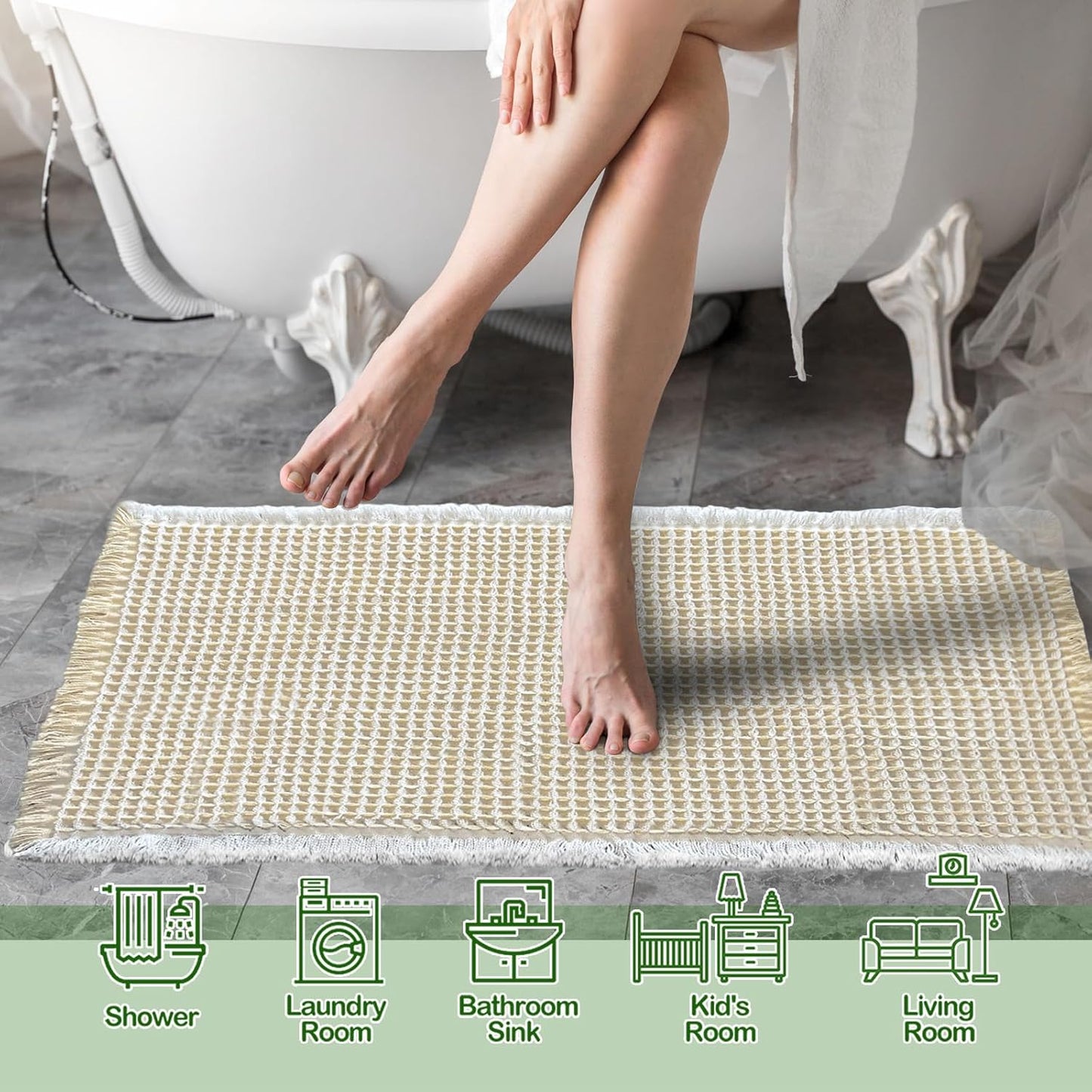 ZALL Beige Waffle Bath Mat,Super Absorbent Non Slip Bathroom Rug,Cream 24x36inch,Machine Washable Ultra Soft Floor Mats