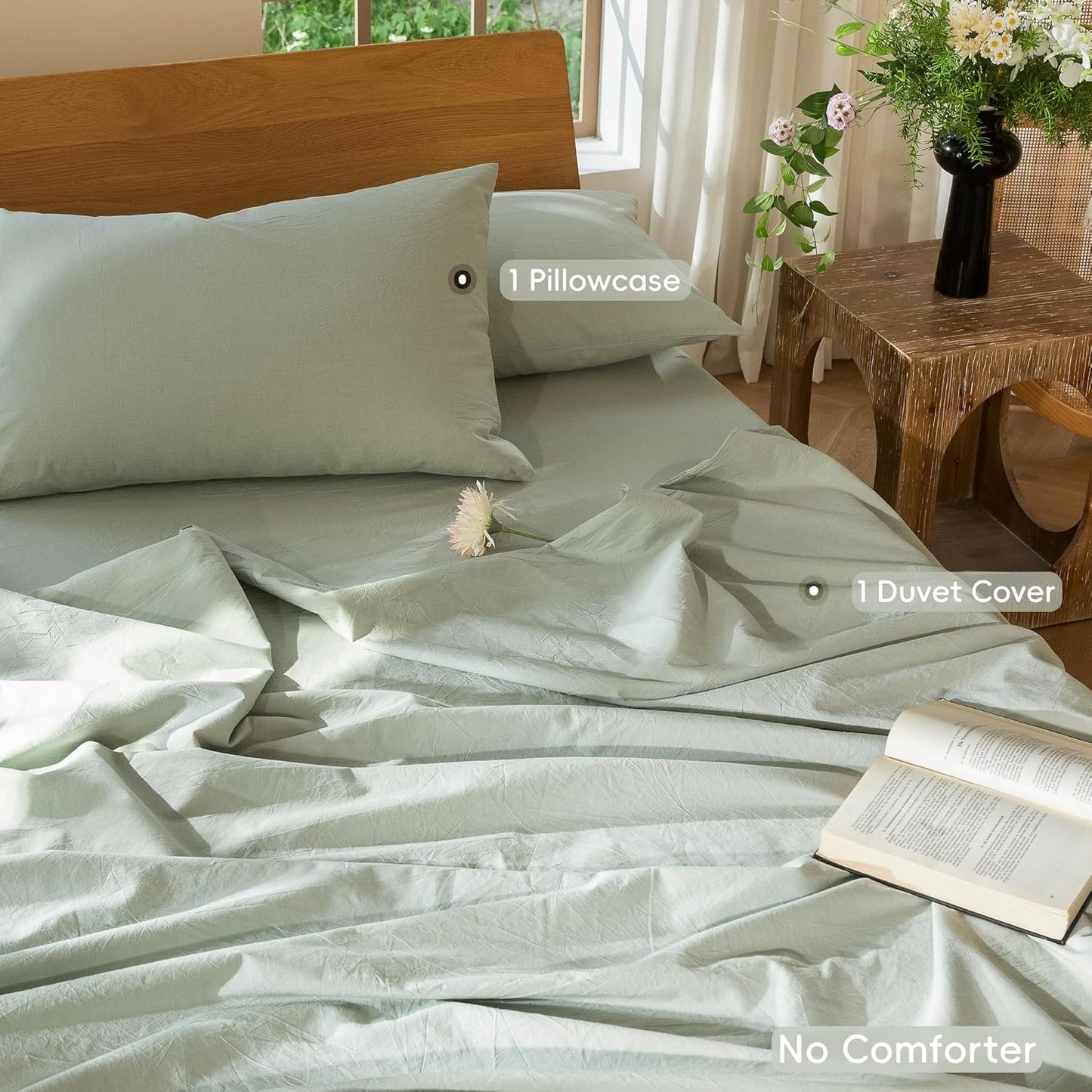 MooMee Bedding Duvet Cover Set 100% Washed Cotton Linen Like Textured Breathable Durable Soft Comfy (Heathered Sage Green, Twin 68"x90")