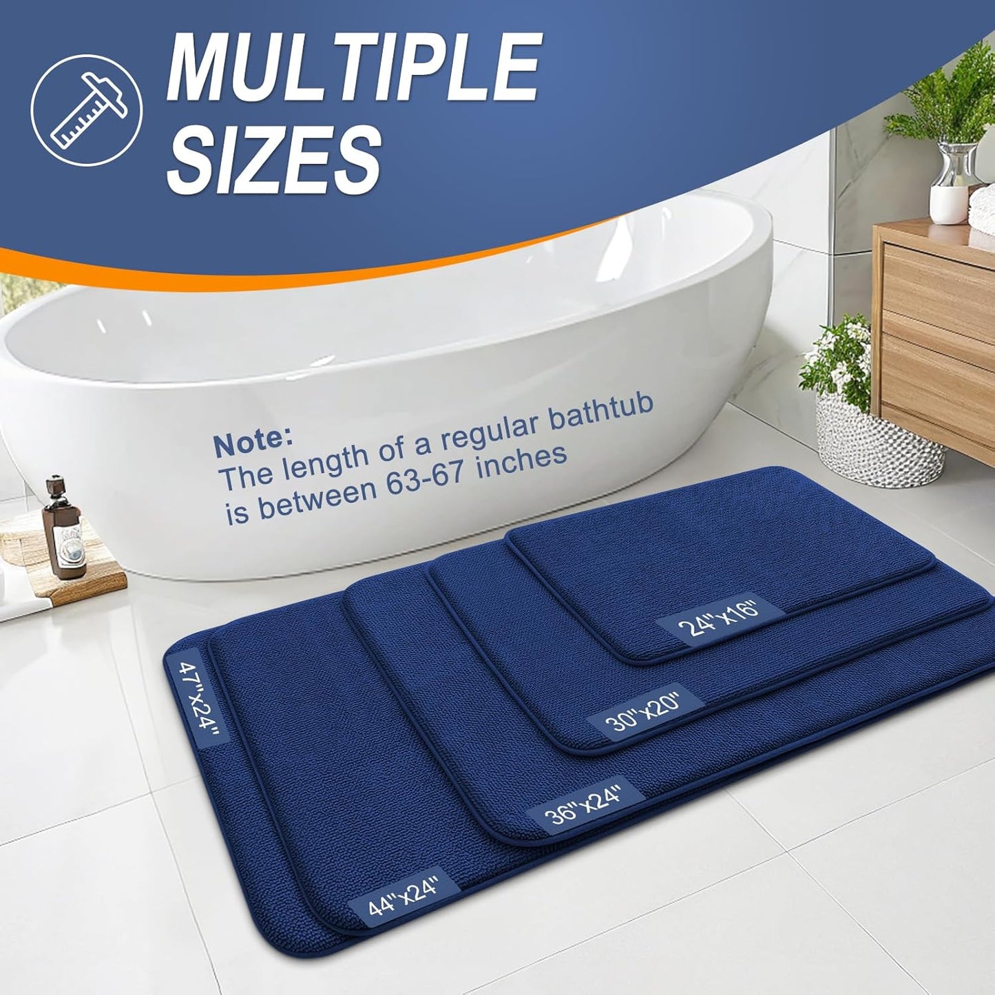 OLANLY Thick Memory Foam Bath Mat Rug 47x24, Extra Soft Absorbent Bathroom Rug, Quick Dry Bath Mats, Non-Slip, Machine Washable Carpet for Bathroom, Tub and Shower, Home Decor Accessories, Navy