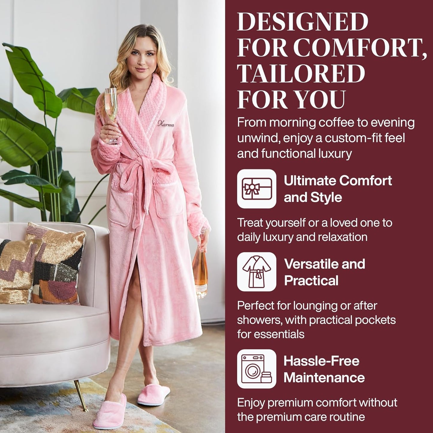 Lotus Linen Plush Robes for Women - Soft Bathrobe, Custom Monogram, Warm Fleece Robe with Pockets