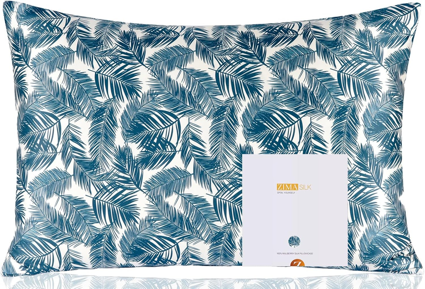 ZIMASILK 100% Pure Mulberry Silk Pillowcase for Hair and Skin Health,Both Sides 19 Momme Silk Floral Print,1pc (Standard 20''x26'',Blue Leaves)