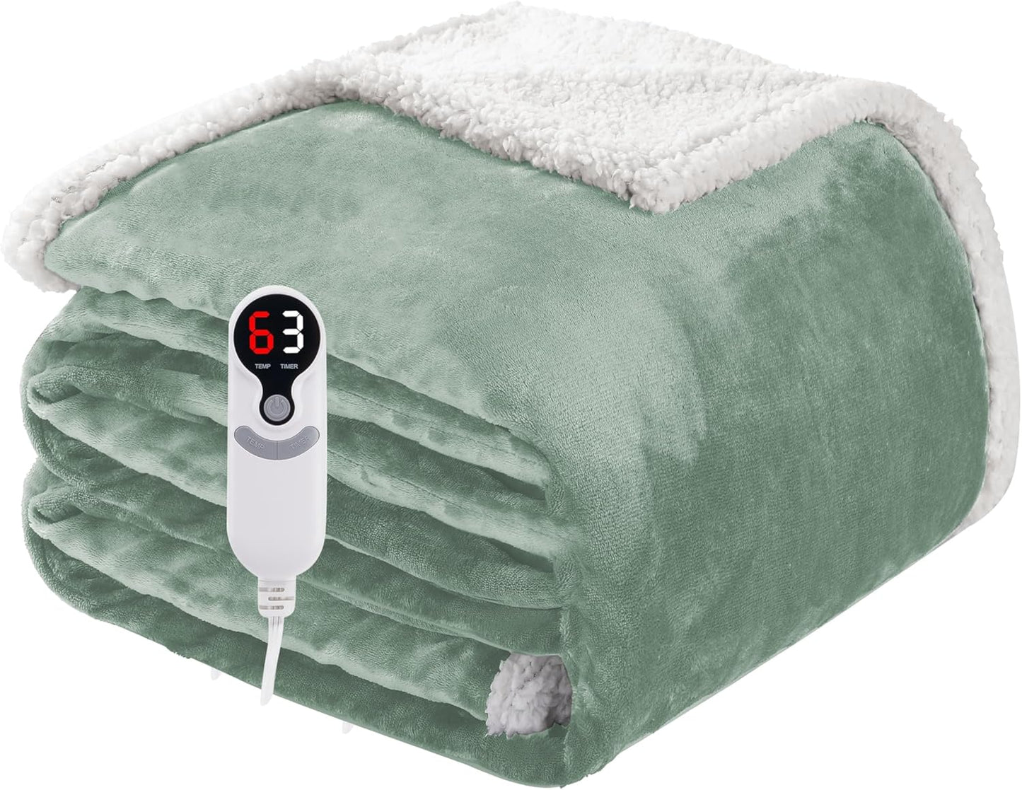 Electric Heated Blanket Twin Size 62"x84", Soft Flannel with Overheat Protection, 6 Adjustable Heat Settings & 10-Hour Auto-Off Timer, Fast Heating for Winter Comfort, Light Green