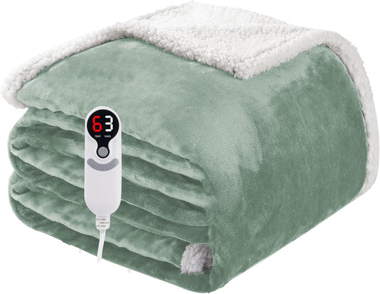 Electric Heated Blanket Twin Size 62"x84", Soft Flannel with Overheat Protection, 6 Adjustable Heat Settings & 10-Hour Auto-Off Timer, Fast Heating for Winter Comfort, Light Green