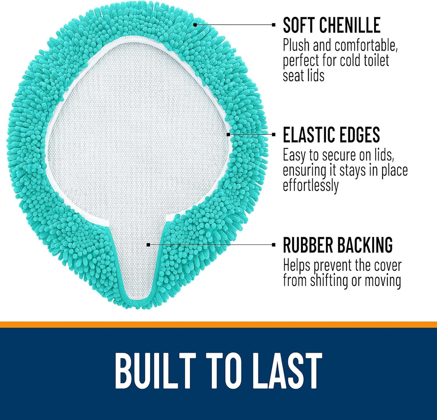 OLANLY Soft Chenille Bathroom Toilet Lid Cover, Machine Washable Seat Covers, 17.5x15, Stays in Place Rubber Backing, Fits Most Round, Elongated and Oblong Lids, Accessories Decor, Teal