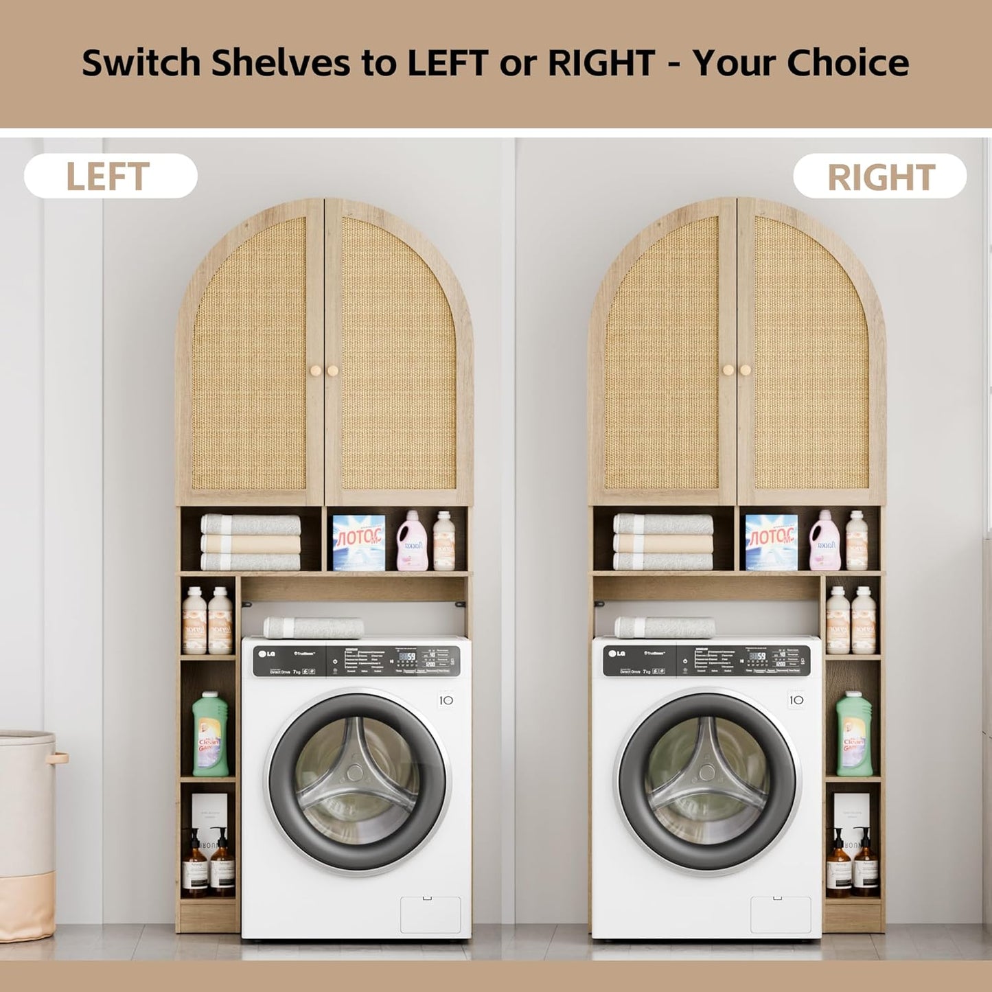 Over The Toilet Storage Cabinet, 29.7”W Modern Storage Cabinet Over Toilet with Rattan Doors, Arched Freestanding Over Toilet Rack with Adjustable Shelf for Bathroom, Nature