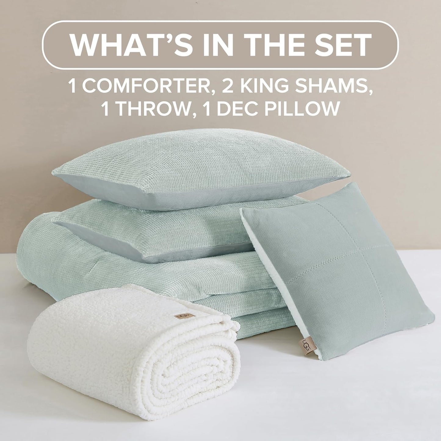 UGG Remina Comforter Set 5 Piece Bed in a Bag with Throw Blanket, Decorative Pillow, Shams, and Reversible Comforter Hypoallergenic Washable Luxury Fluffy Bedding Set, King, Blue Green Clear Creek