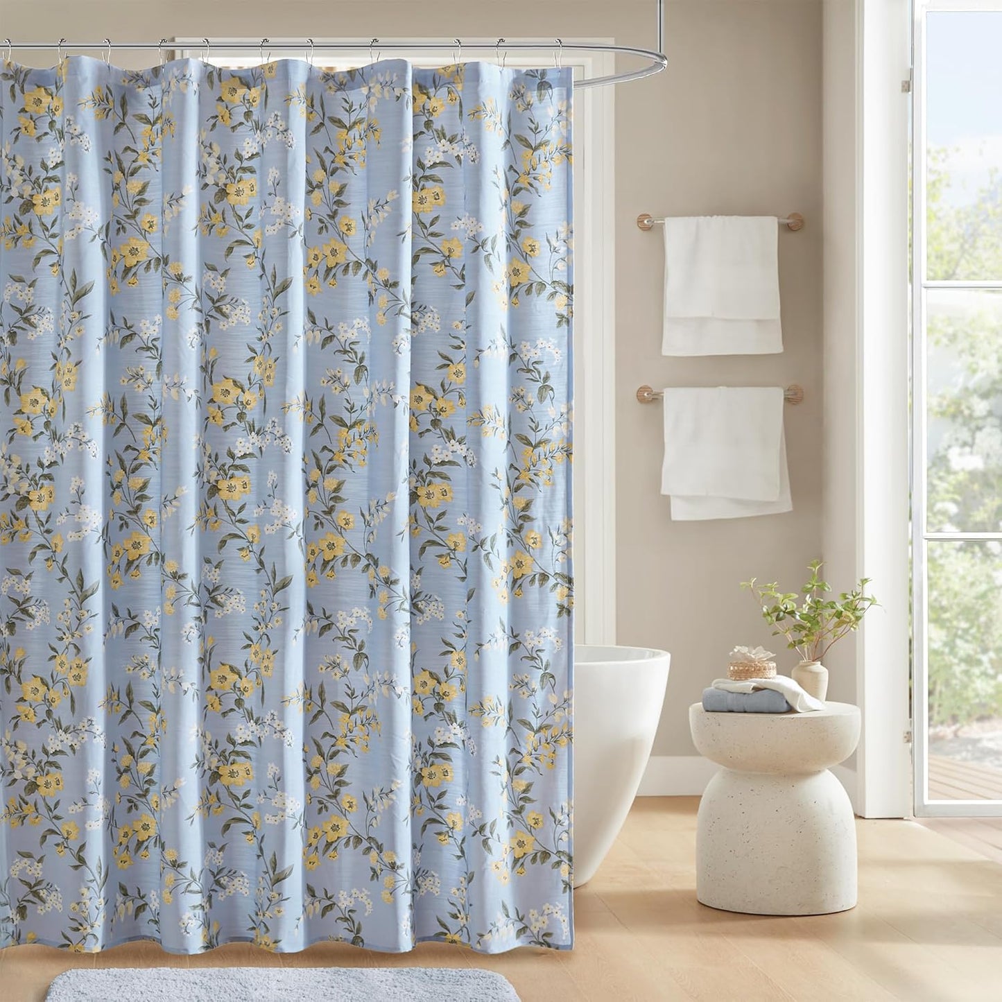 Martha Stewart Meadow Floral Shower Curtain, Cotton-Rich Slub Texture, Timeless Garden Design, Classic to Modern Farmhouse Bathroom Decor, Machine Washable 72"x84", Blue