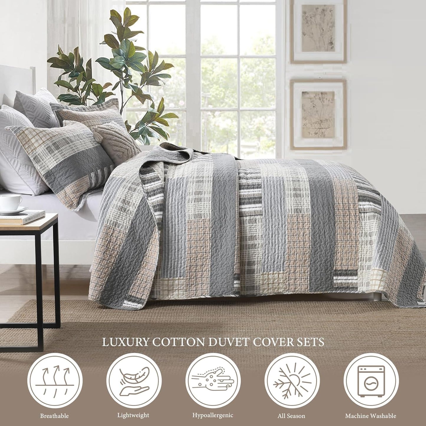 Uniclinens Quilt Set King Size, 100% Cotton Quilted Quilts Bedding Set Bedspreads, Farmhouse Patchwork Plaid Quilted Comforter Set, 3 Pieces Set with 2 Pillowshams, Cream/Grey/Brown
