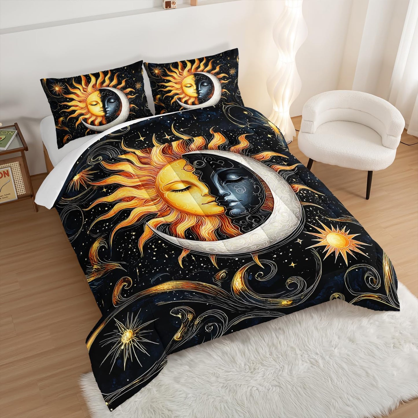 Sun and Moon Bedding Set King Size,Yellow Galaxy Celestial Bedding for Kids Boys Girls Teens Room Boho Decor,Black and Yellow Fluffy Comforter Sets with 2 Pillowcases.