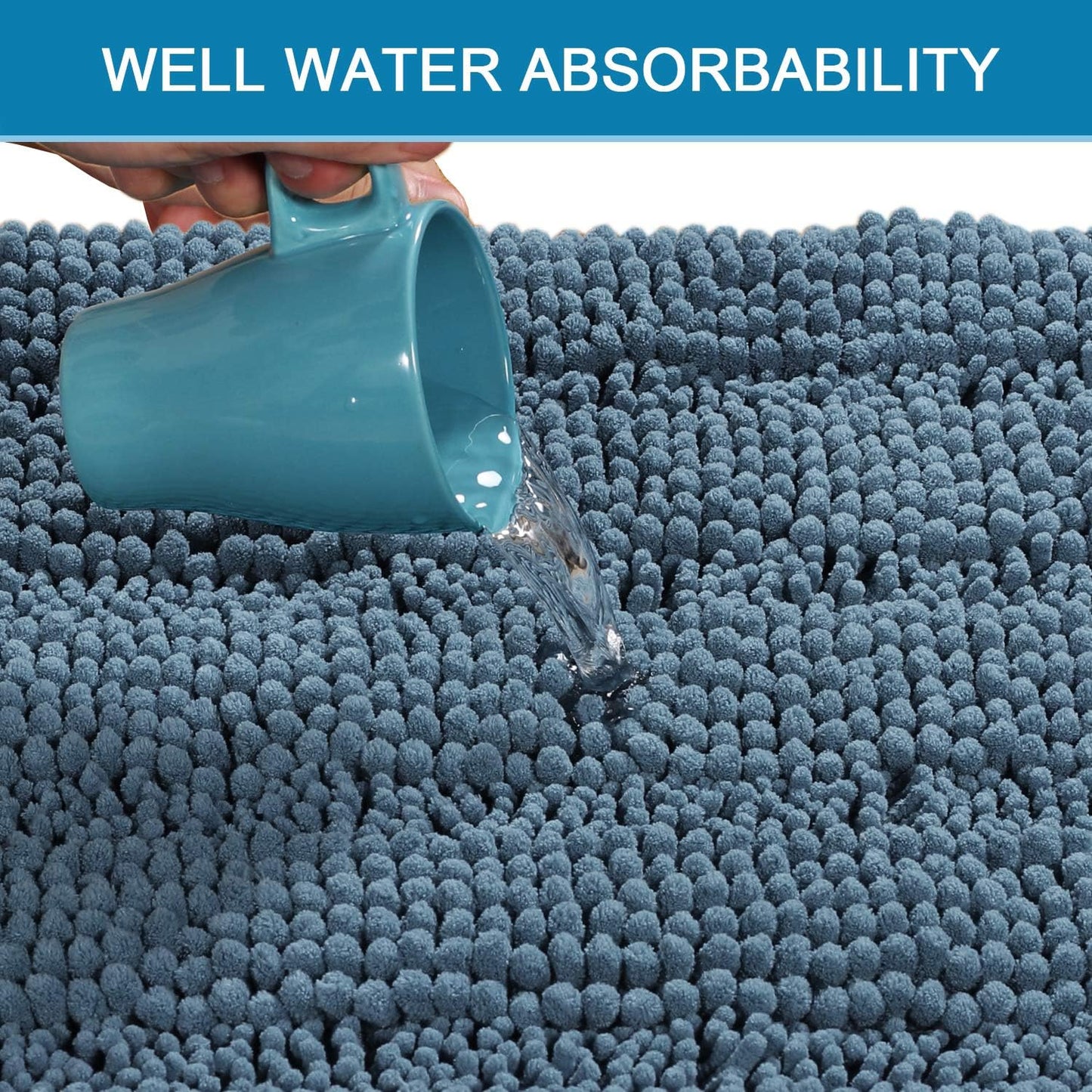 H.VERSAILTEX Bath Rugs for Bathroom Washable Non Slip Extra Thick Chenille Striped Bath Mat Rug Runners 47" x 17" Absorbent Fluffy Soft Shaggy Mats Plush Area Carpet for Bath Room, Tub - Stone Blue