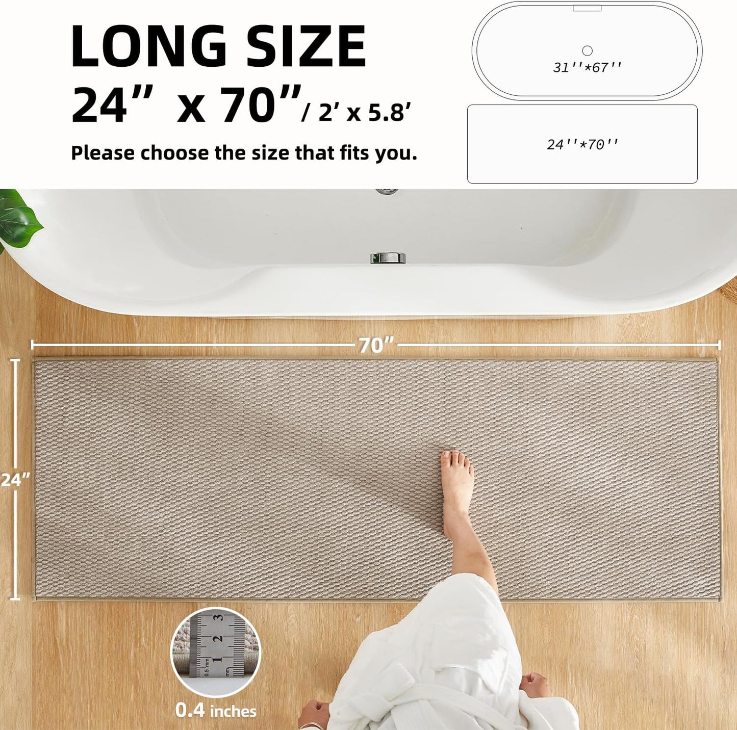 Bathroom Runner Rugs, Long Bath Mat Runner Washable Thin Quick Dry Low Pile Bathroom Runner Rugs Non Slip, Beige 24"x70"