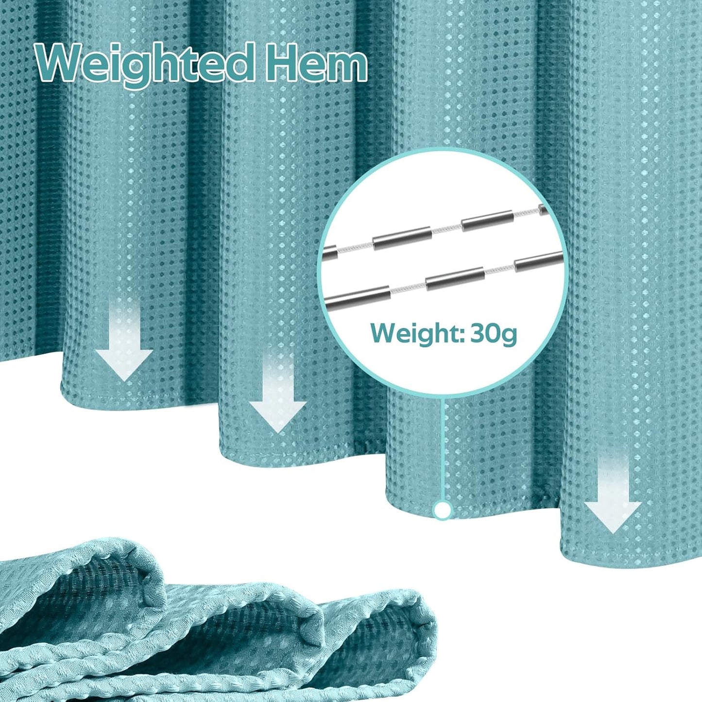 3 in 1 Shower Curtain Set, Waffle Shower Curtain and Liner Set with 12 Double Sided Shower Curtain Hooks, 258GSM Luxury Weighted Cloth Shower Curtains for Bathroom, 72 W x 72 H, Teal