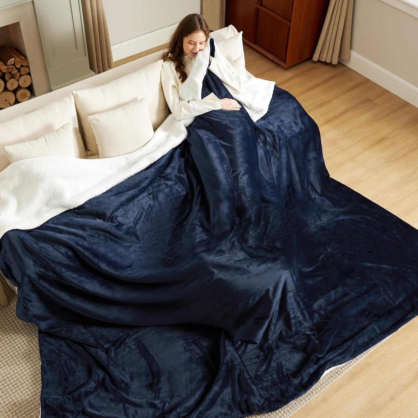 Bedsure GentleSoft Sherpa Fleece Oversized Cal King Blankets for Bed - Thick and Warm Throw for Women and Men, Soft Fuzzy Plush Large Blanket for Winter, Navy, 112x98 Inches