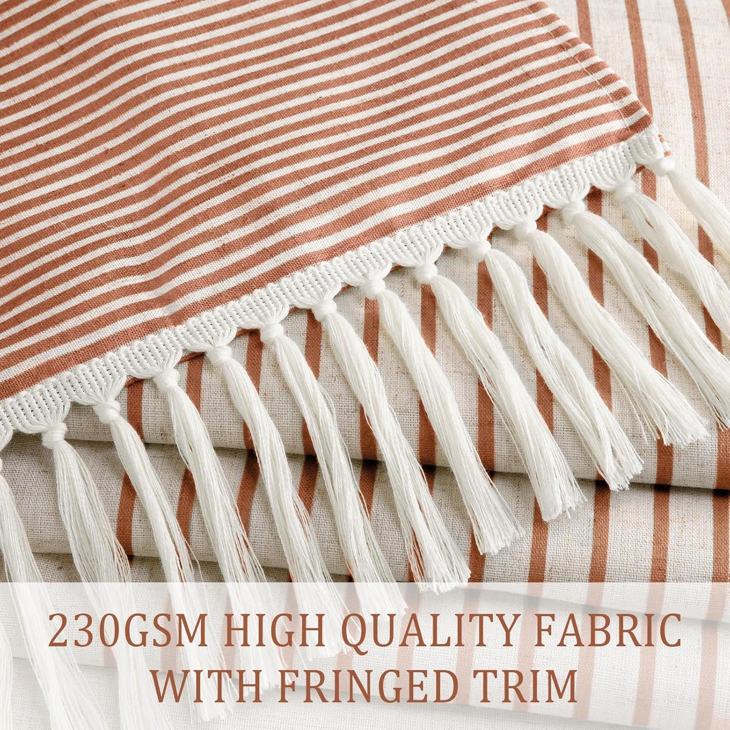 Awellife Farmhouse Shower Curtains for Bathroom,Boho Orange Flax Texture Striped Shower Curtain Shower Curtain with Tassels Rustic Neutral 72x72
