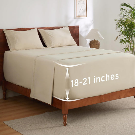 Bedsure Twin XL Sheets Dorm Bedding, GentleSoft Breathable Extra Long Twin Sheets & Pillowcases, Moisture Wicking Cooling, Deep Pocket Fits Mattress Up to 21 Inches Thick, Beige