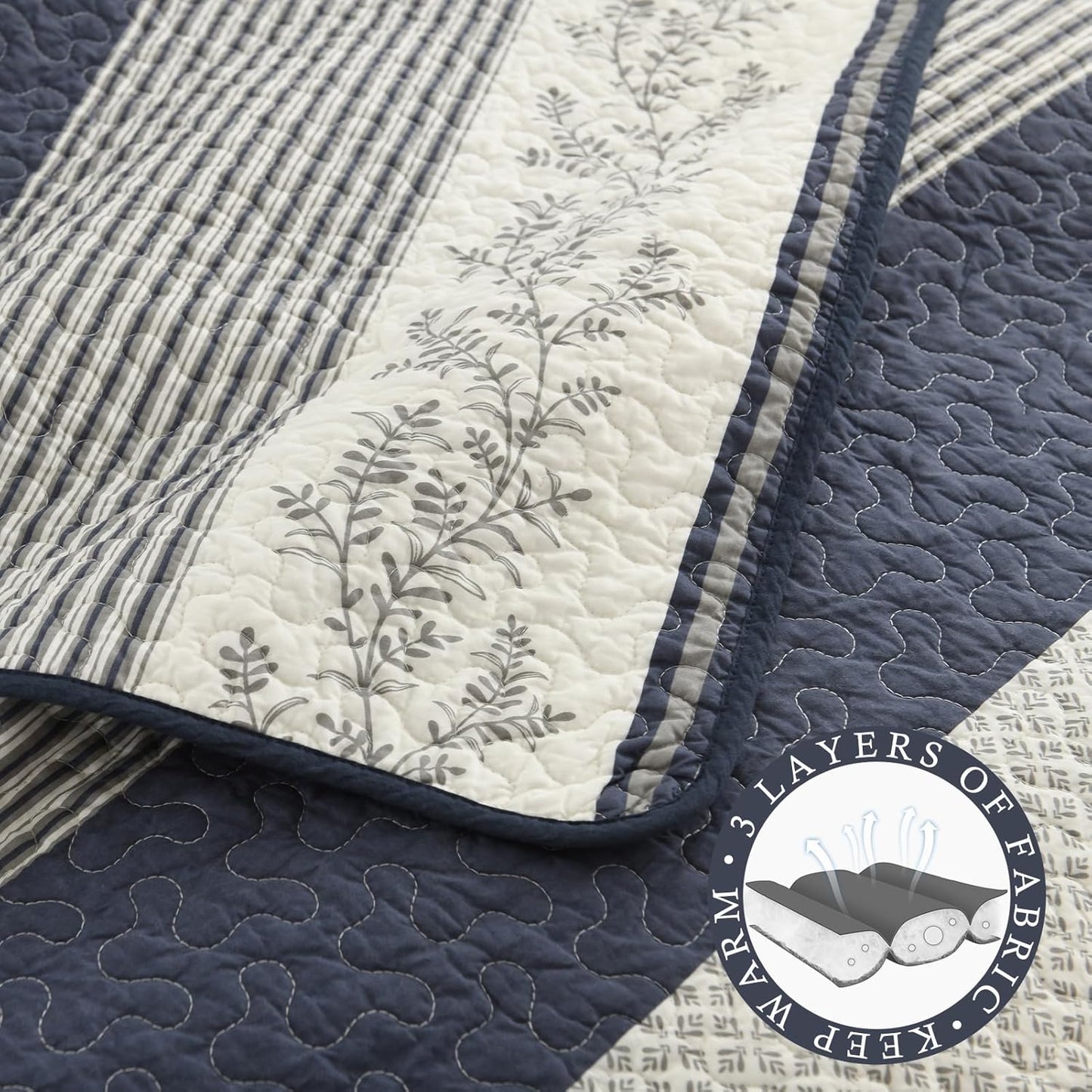 Stripe Quilt King Size - 100% Cotton Lightweight King Quilt Bedding Set, Vintage Vine Pattern Quilted Bedspread with 2 Pillow Shams, Farmhouse Printed Bed Coverlet for All Season, Navy/Gray